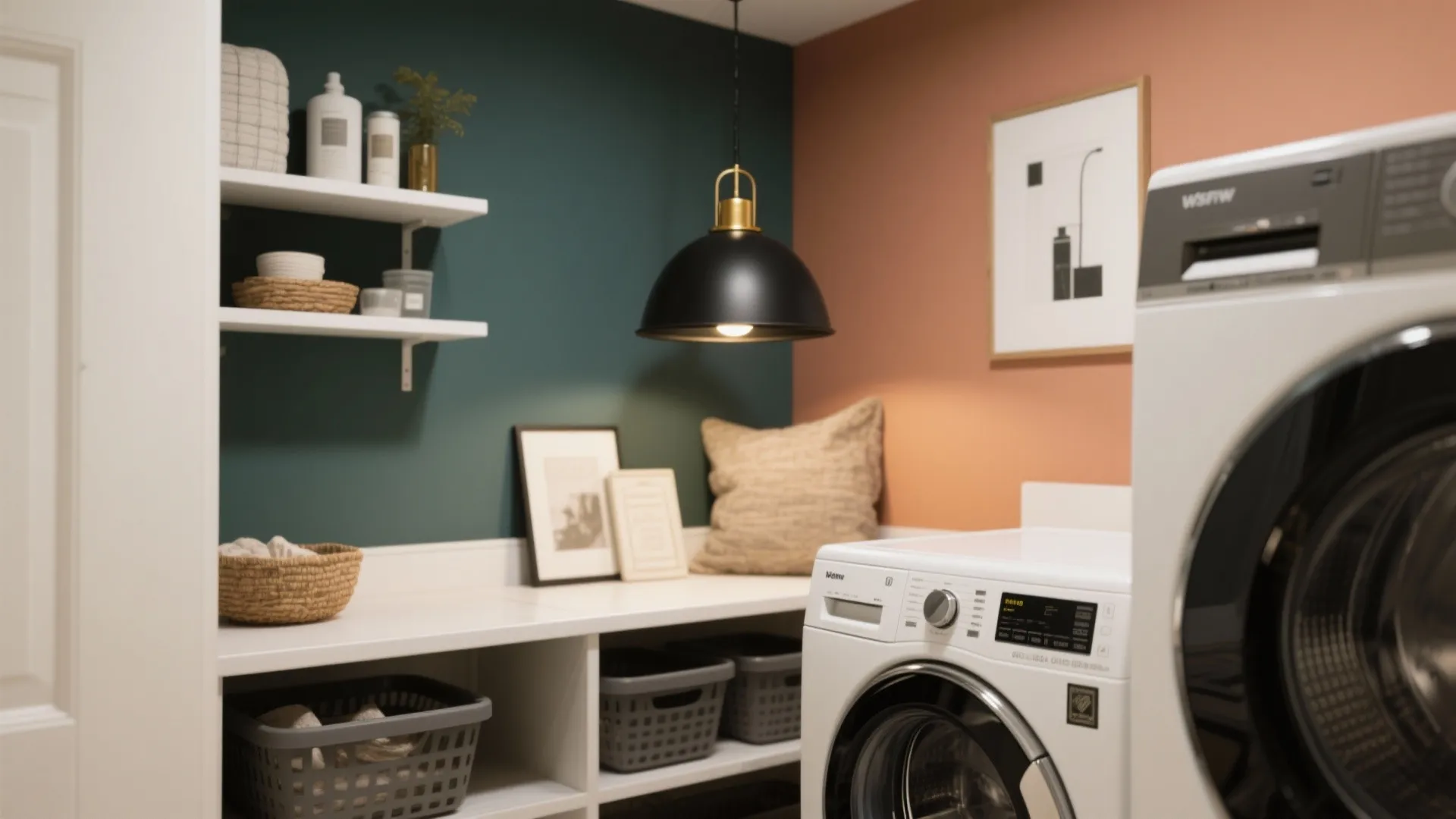 Colorful laundry room with teal pink walls black hanging light white shelves and white washing machine