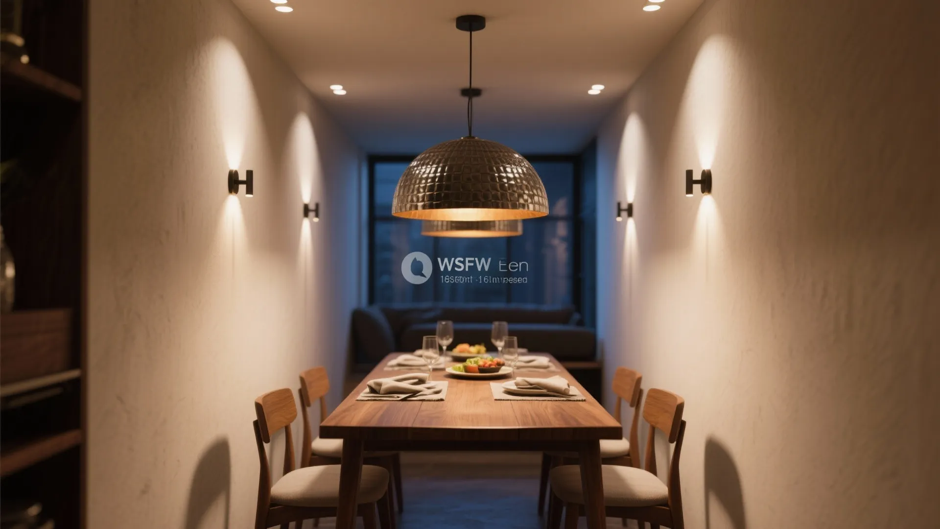 Modern dining room featuring wooden table with chairs and warm wall lights plus ceiling light