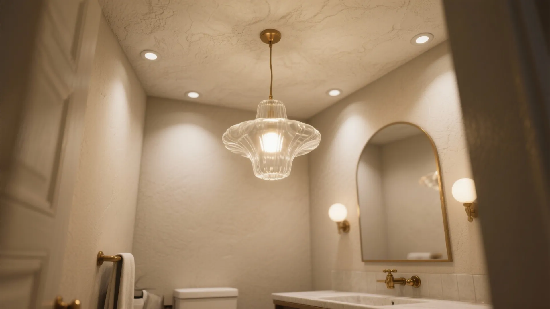 Modern bathroom featuring glass ceiling light arched mirror wall lights gold faucet and marble sink counter