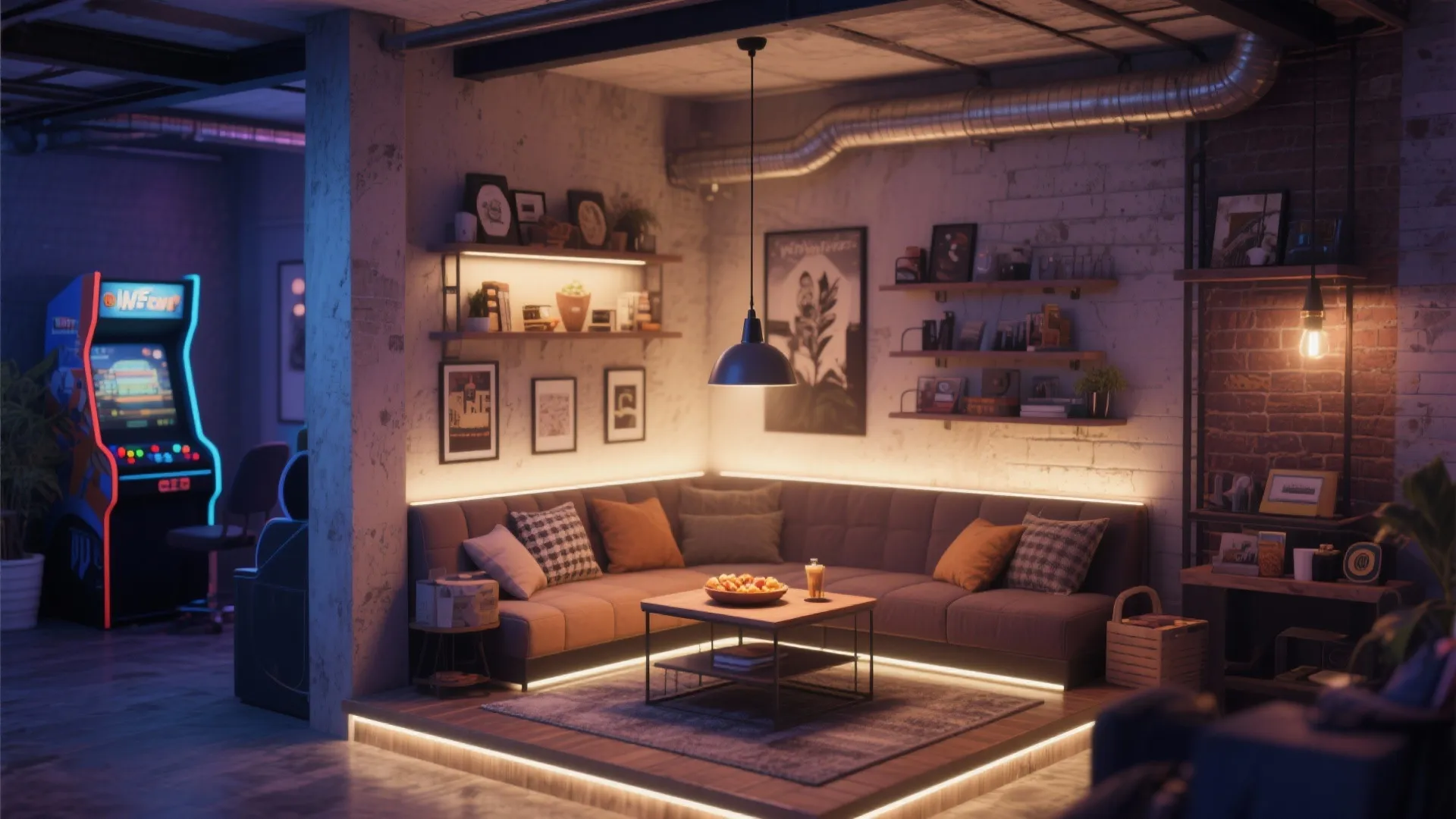 Industrial living room with brown sofa coffee table black ceiling light and glowing wall lights
