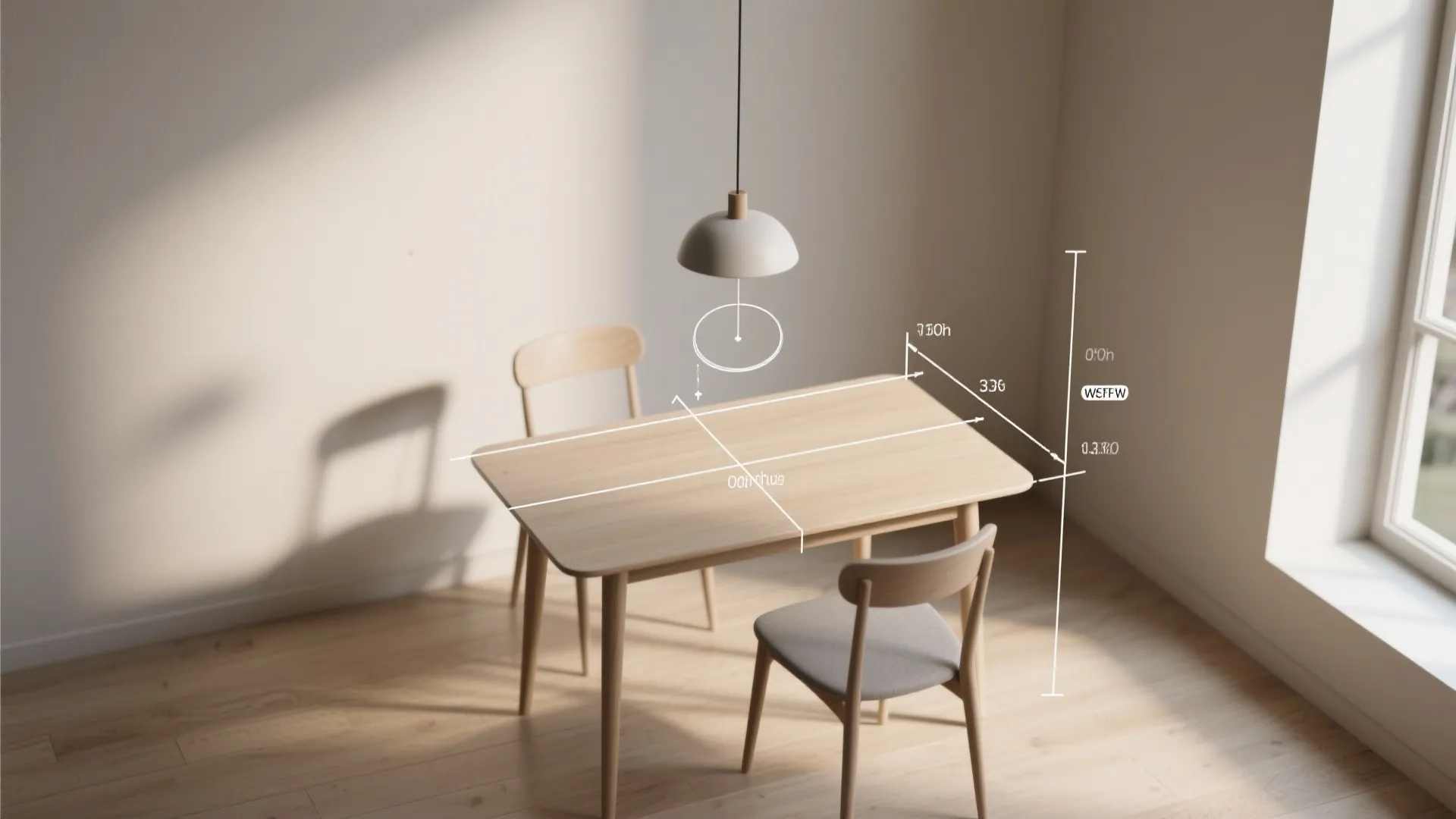 Interior design drawing showing measurement lines for a dining table and hanging white ceiling light