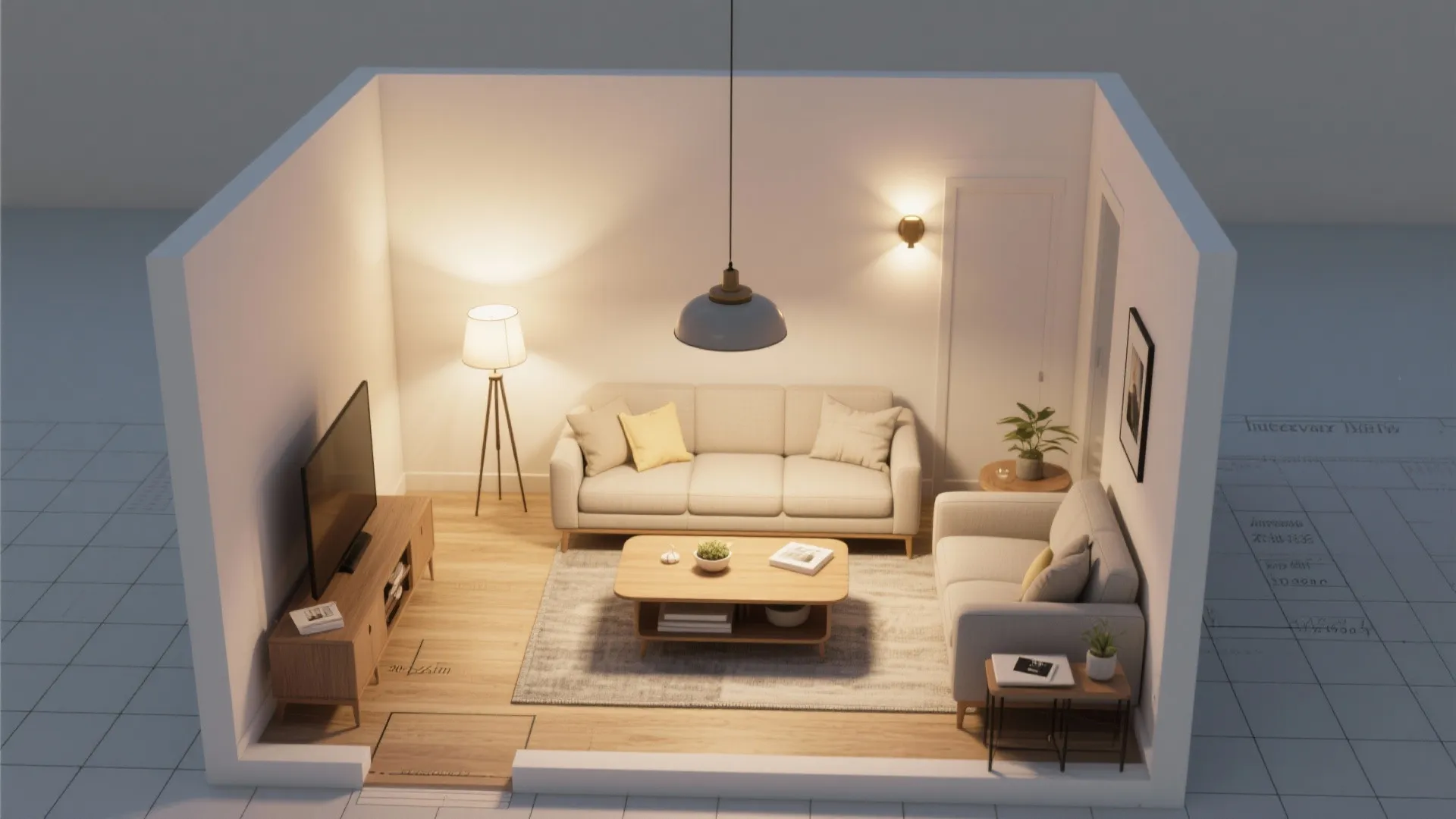 Top-down view showing pendant centered over a coffee table with layered lights