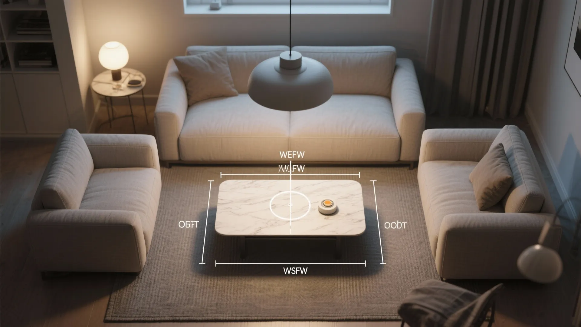 Interior design drawing showing a living room layout with sofas marble coffee table and measurements