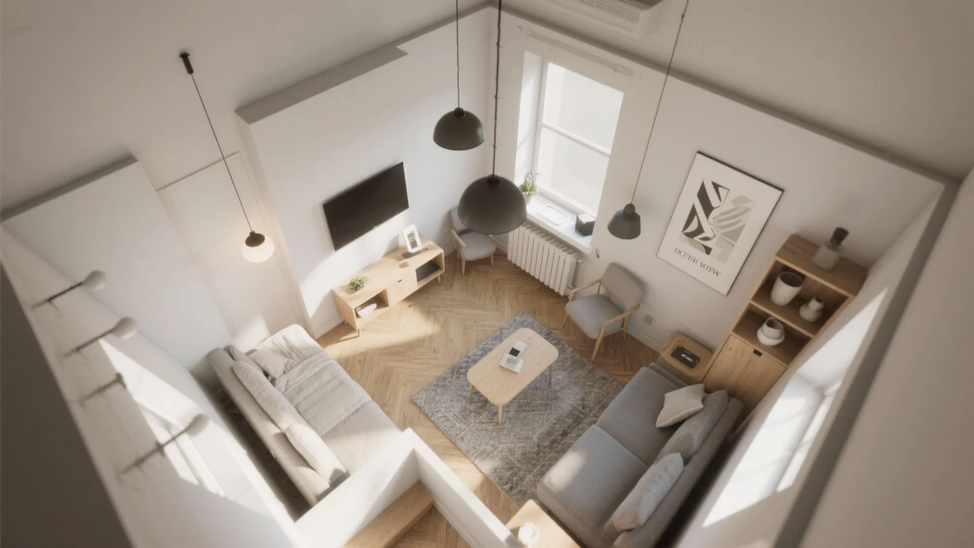 Top-down mock-up of a small studio showing pendant light positions and sightlines over furniture.