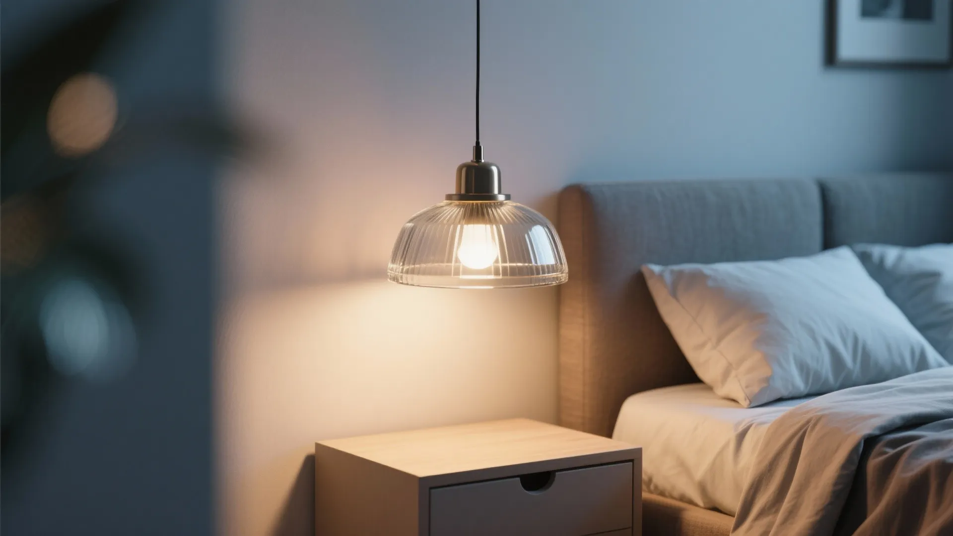 Glass ceiling light hanging over a wooden bedside table next to a cozy grey bed