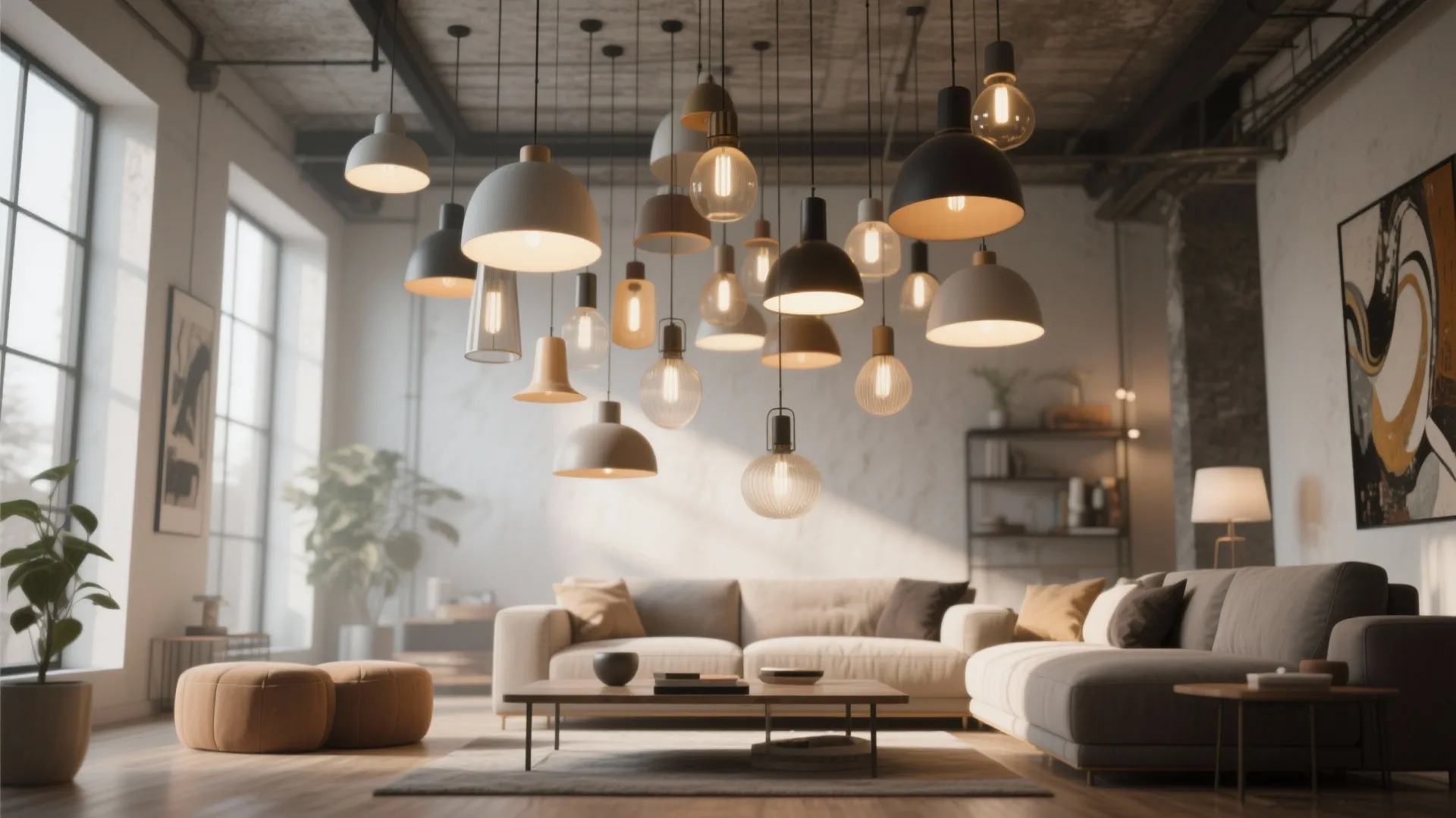 Modern industrial living room featuring a large cluster of various hanging ceiling lights and sofa