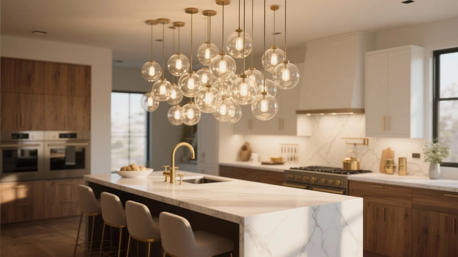 Modern kitchen island with marble countertop featuring a large cluster of glass ball ceiling light fixtures