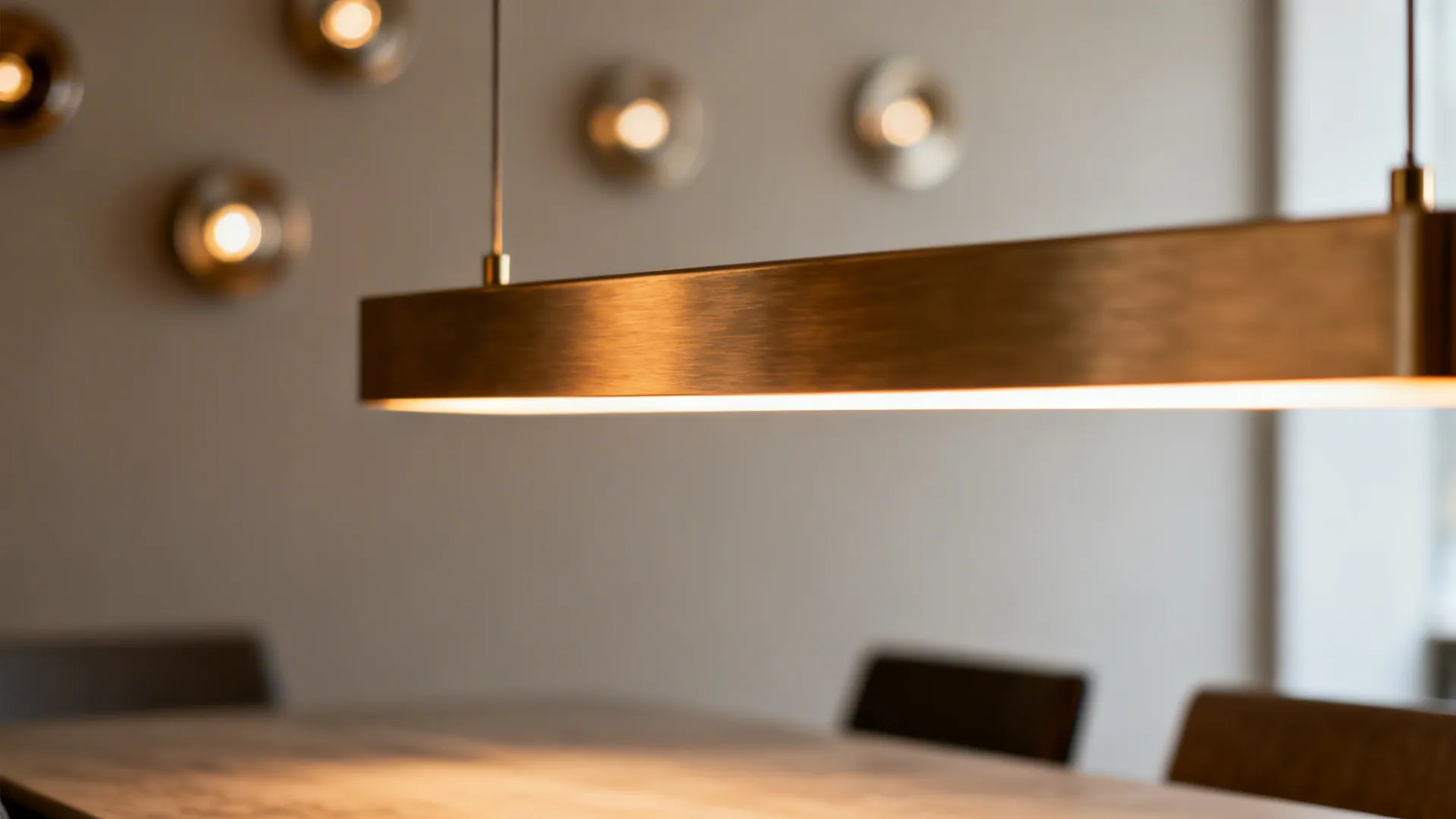 Close-up of a warm linear pendant with soft bokeh from wall washers.