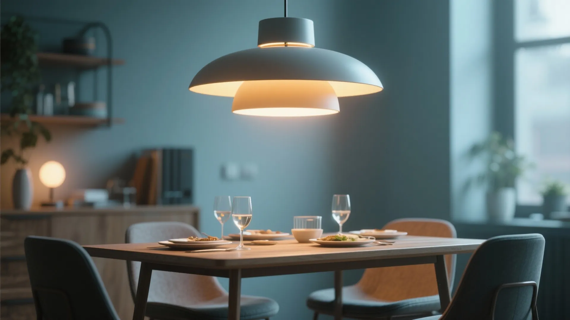 Pendant light with dimmer switch over a dining table