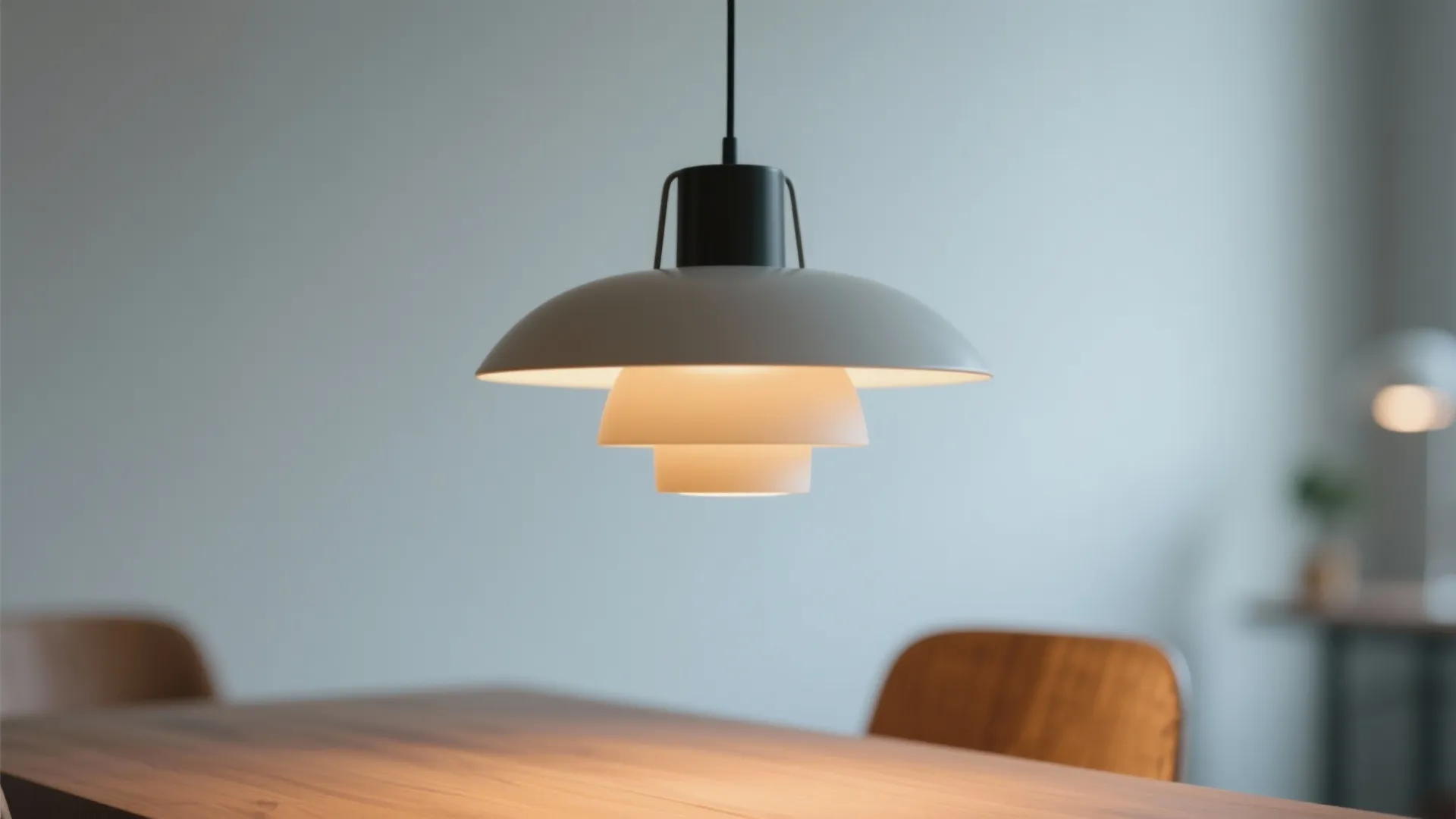 Minimalist white layered ceiling light hanging over a wooden dining table in a bright room