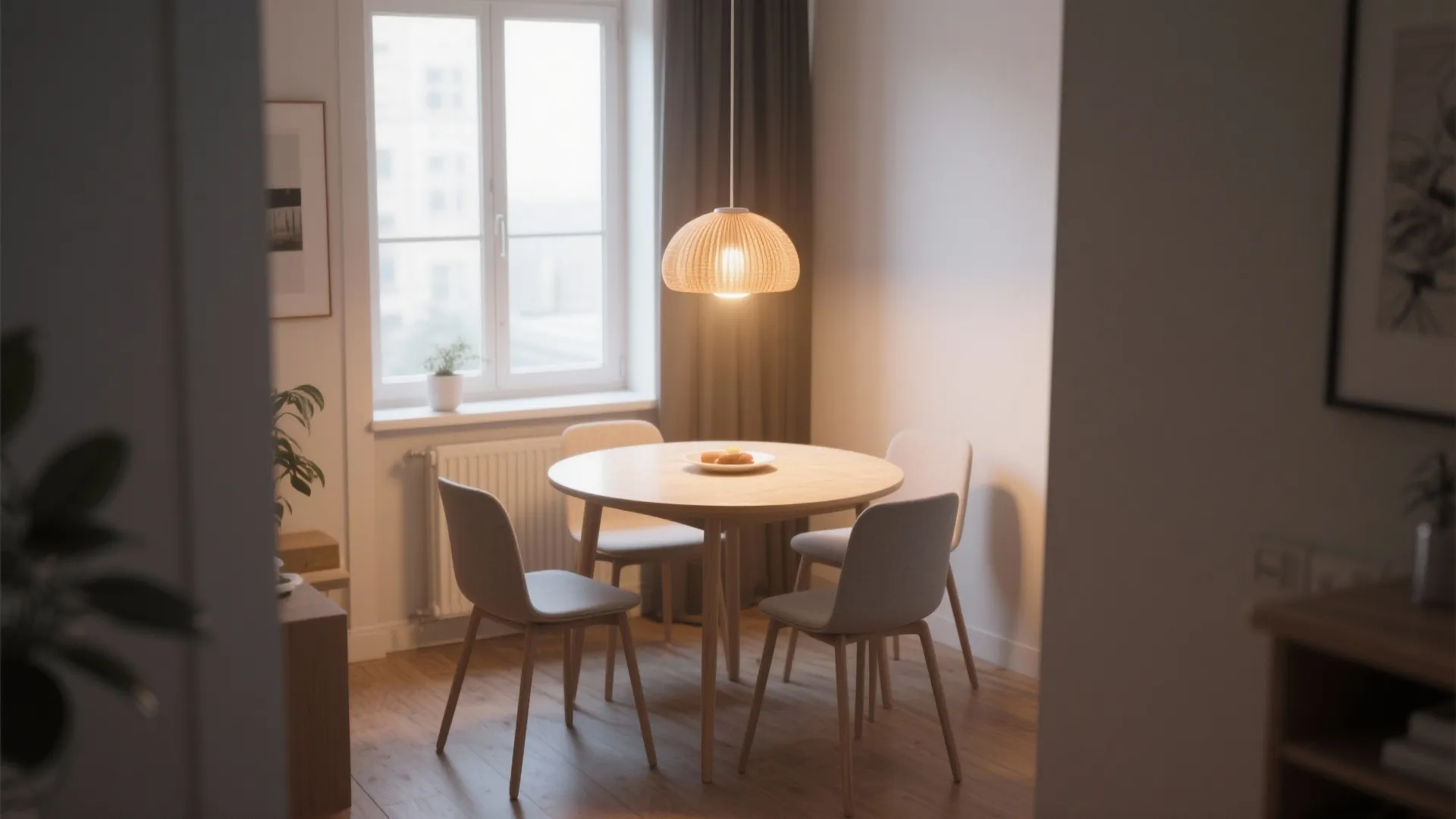 Round wooden dining table with four chairs under a woven ceiling light near a bright window