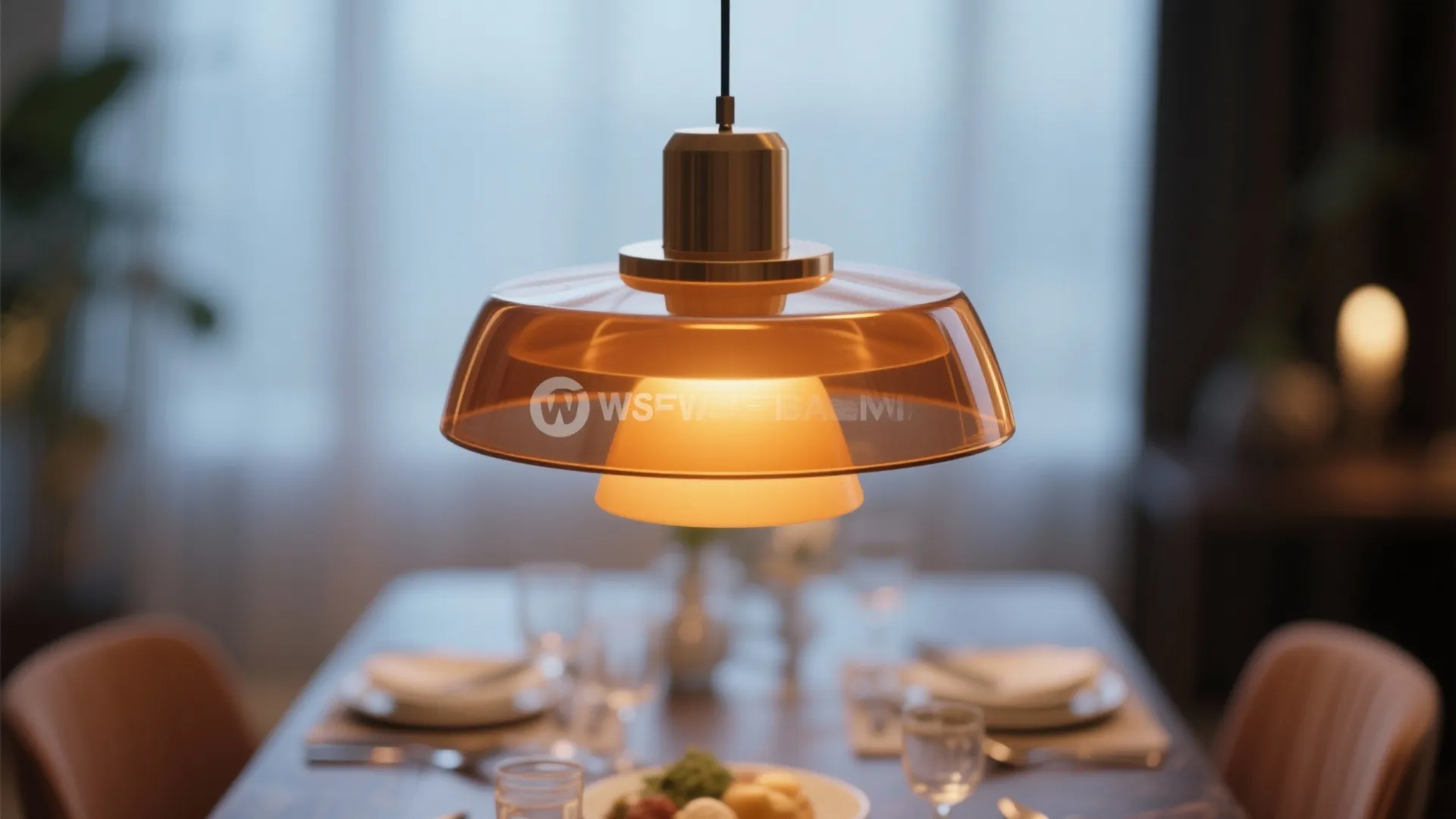 Warm statement pendant light over a dining table