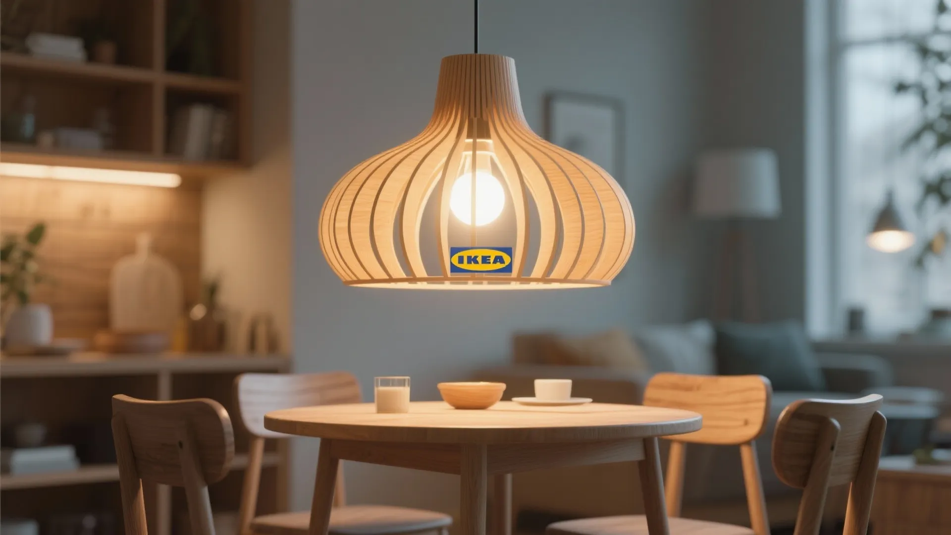Wooden ceiling light hanging over a round dining table with wooden chairs in a room