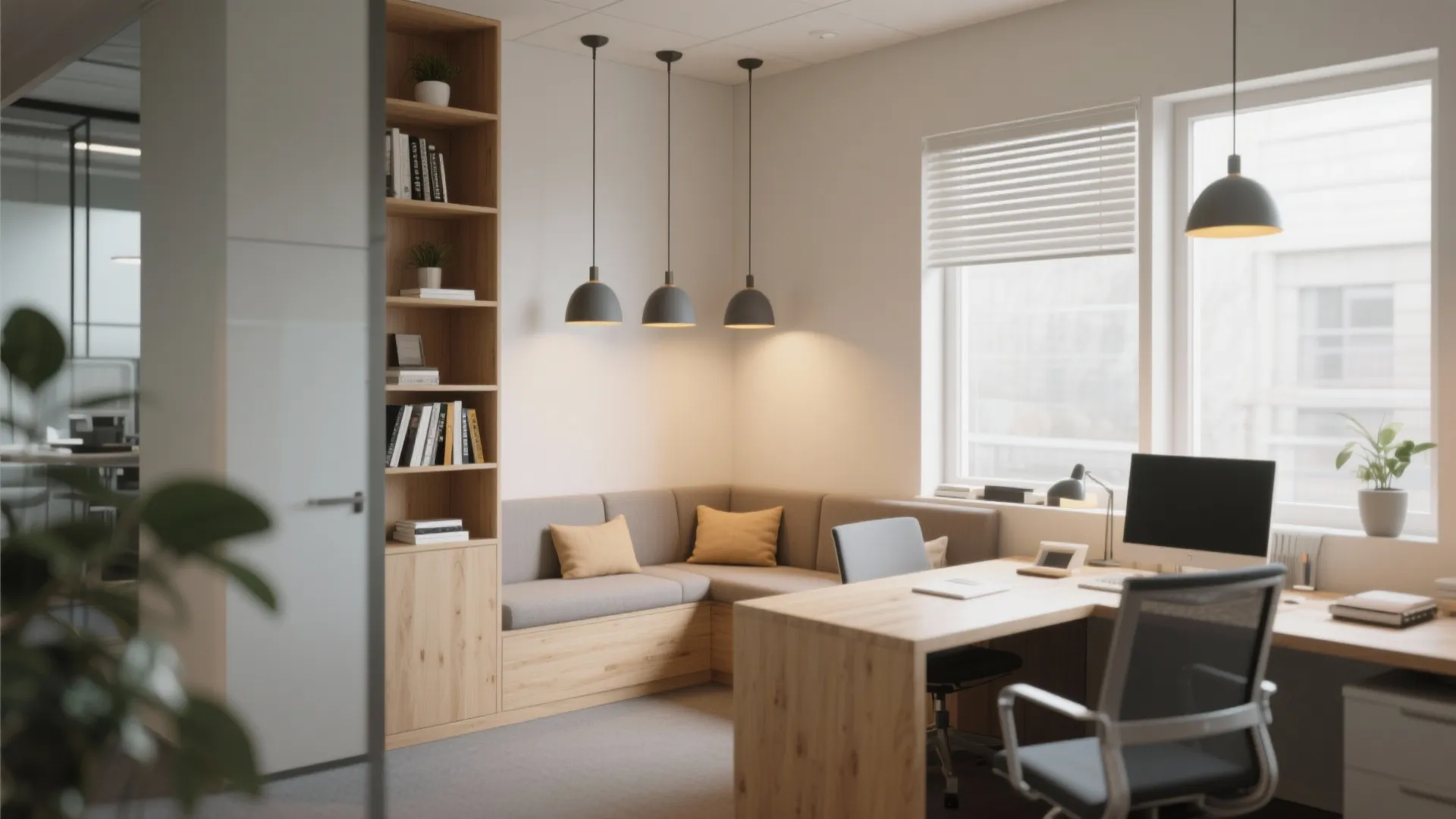 Modern office space with wooden desk and corner sofa illuminated by four grey ceiling lights