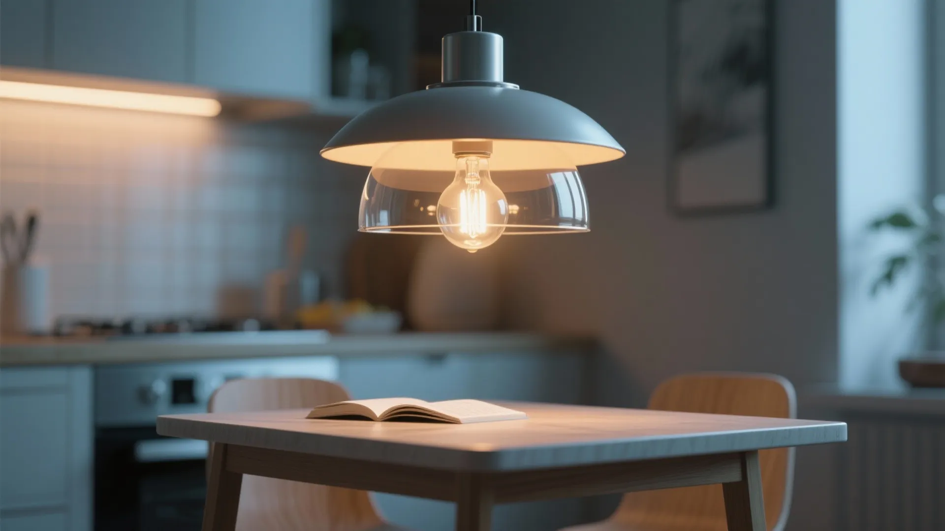 Modern ceiling light hanging over a wooden dining table with an open book in kitchen