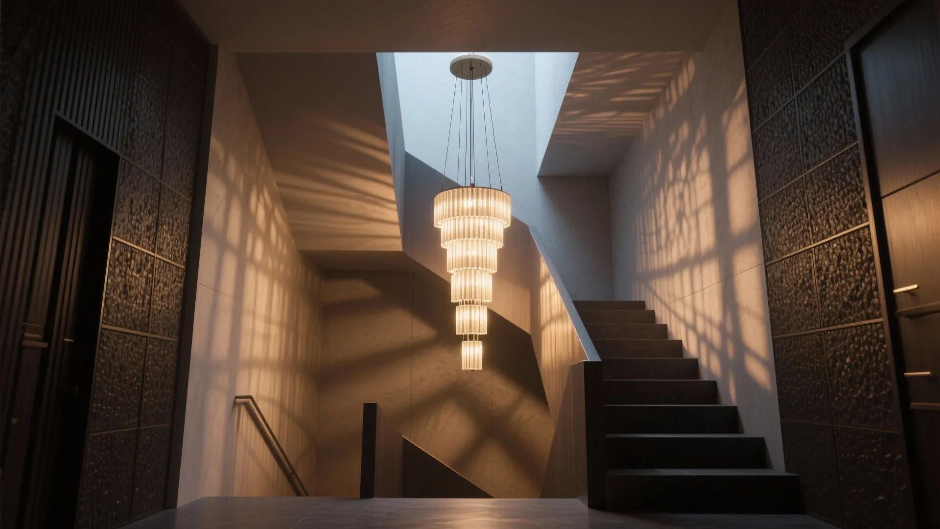 Luxury dark staircase featuring a tall tiered ceiling light with dramatic shadows on the wall panels