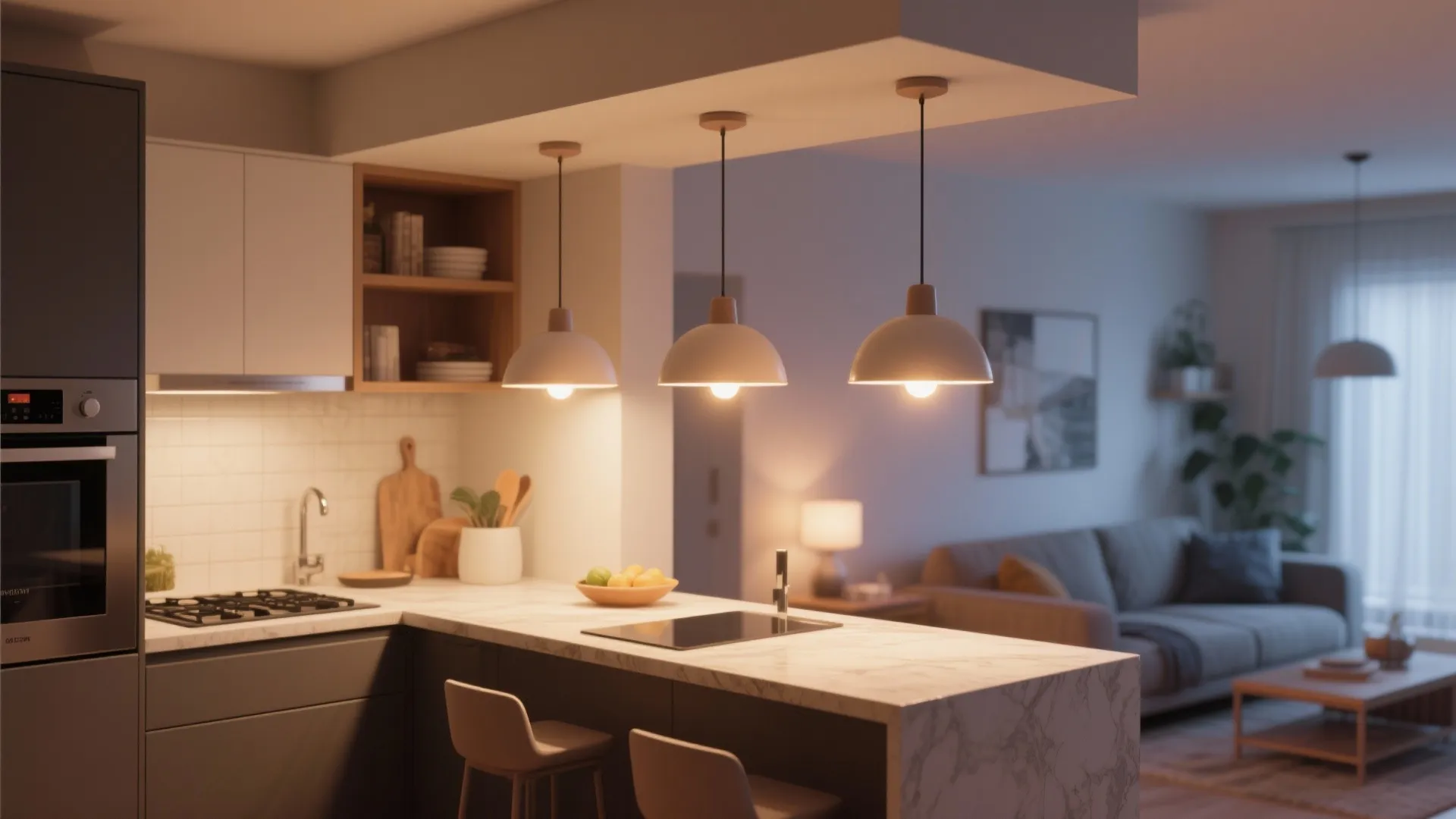 Pendant lights define kitchen area in open layout