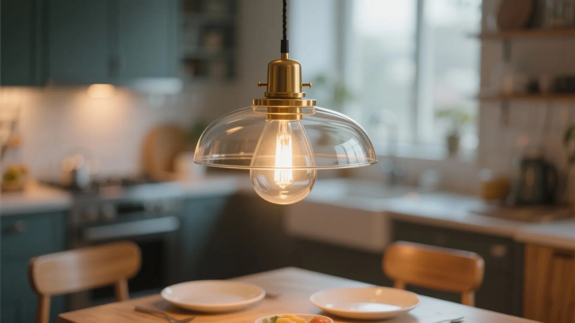 Close-up of pendant light glowing above dining table