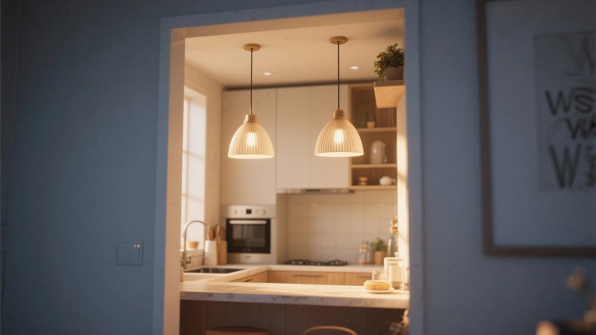 Two warm hanging ceiling lights above a kitchen counter looking into a bright modern kitchen