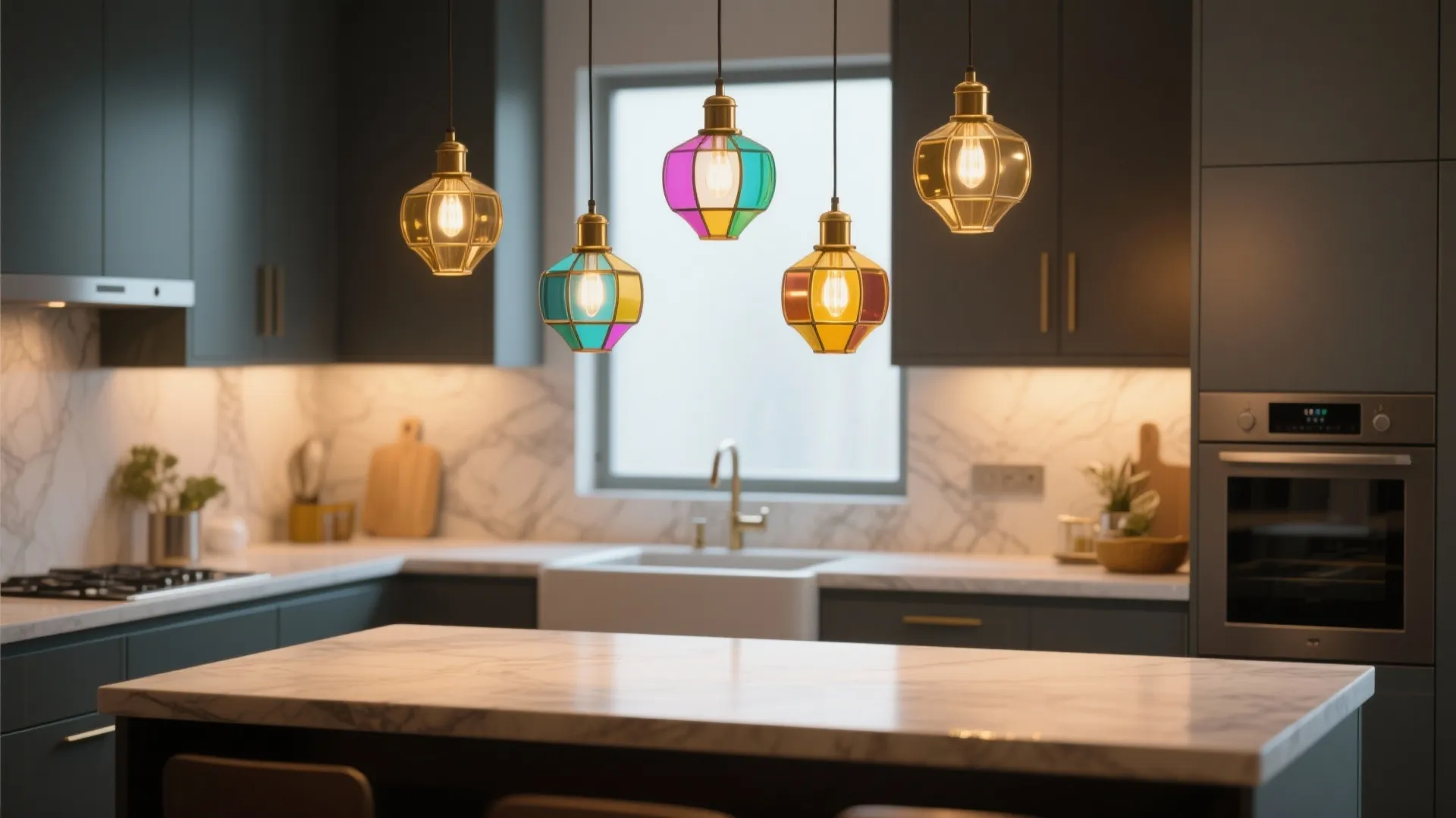Modern kitchen island featuring colorful glass ceiling lights above a white marble countertop and sink