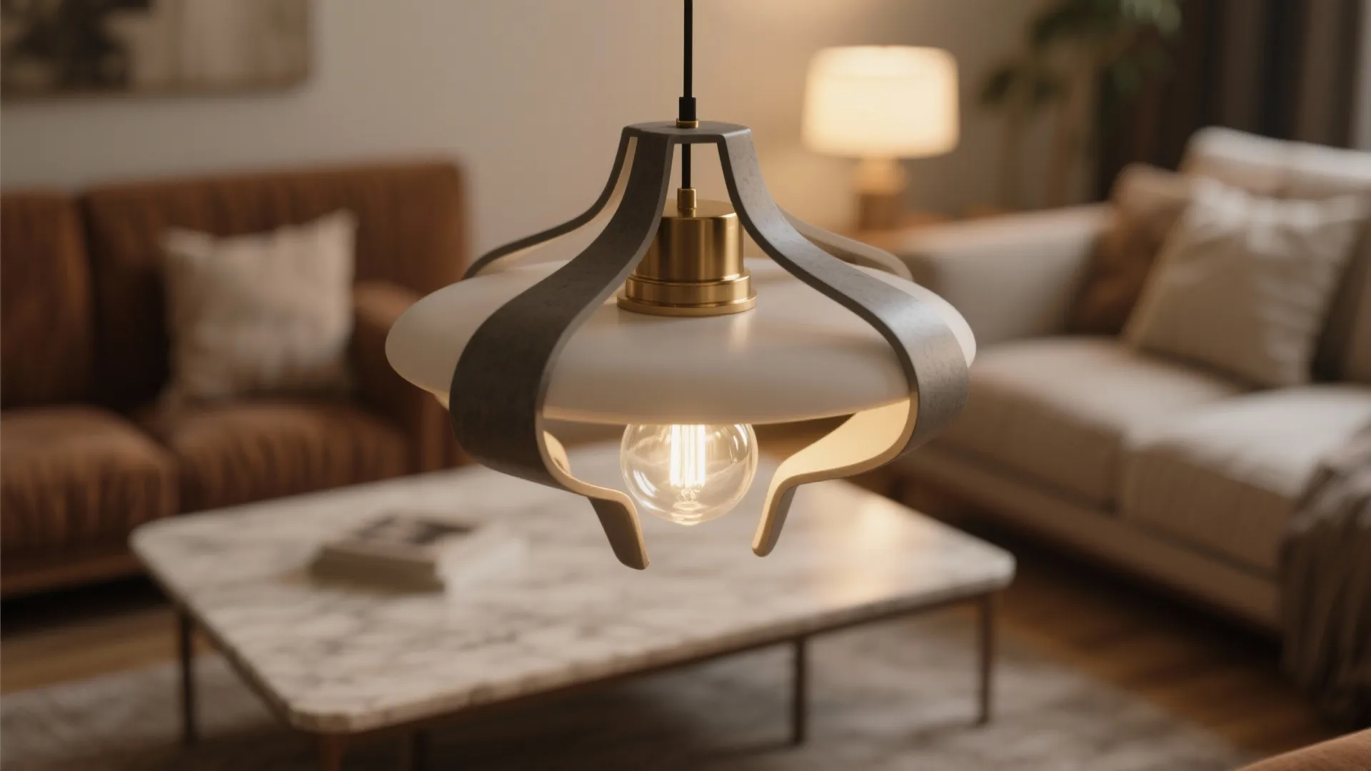 Close up of a modern white and gold ceiling light in a stylish living room