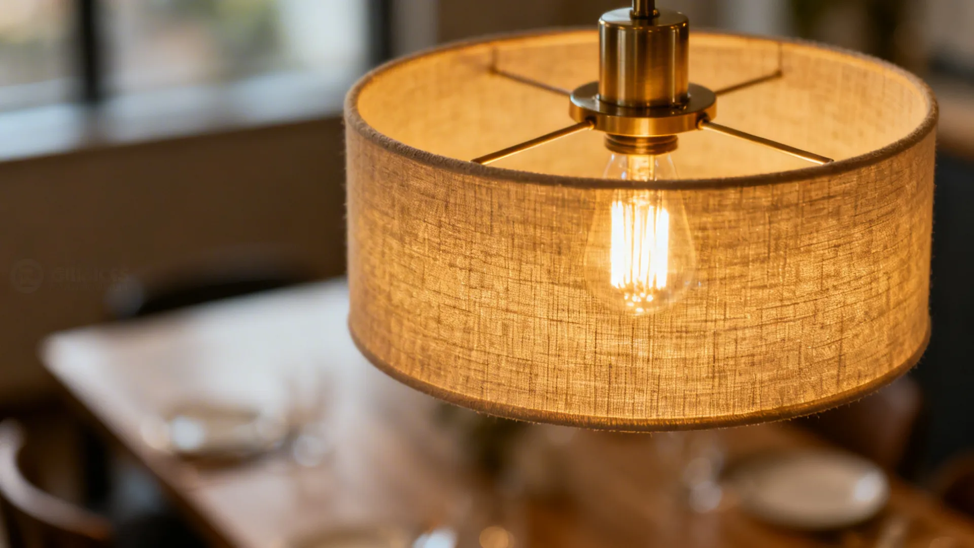 Warm ceiling light with beige fabric shade showing a glowing bulb and golden metal frame