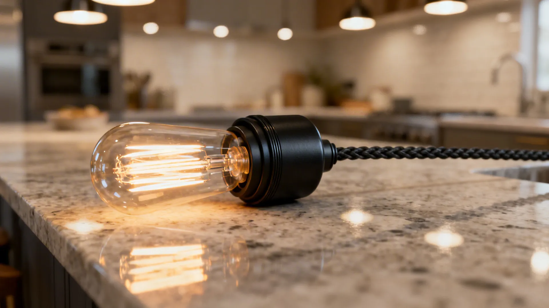 Close-up of a matte black island pendant with warm glow and fine metal texture.