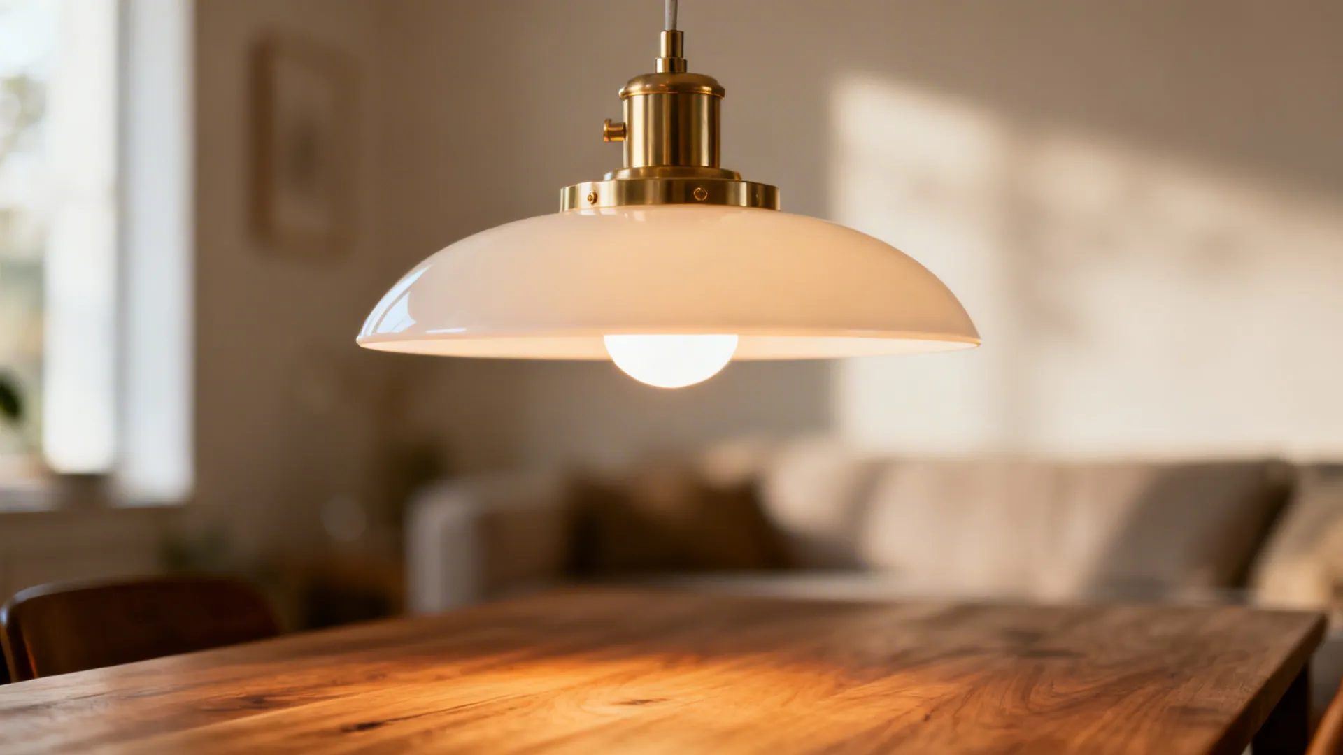 Close-up of warm-dim brass pendant casting a soft glow on an oak dining table.