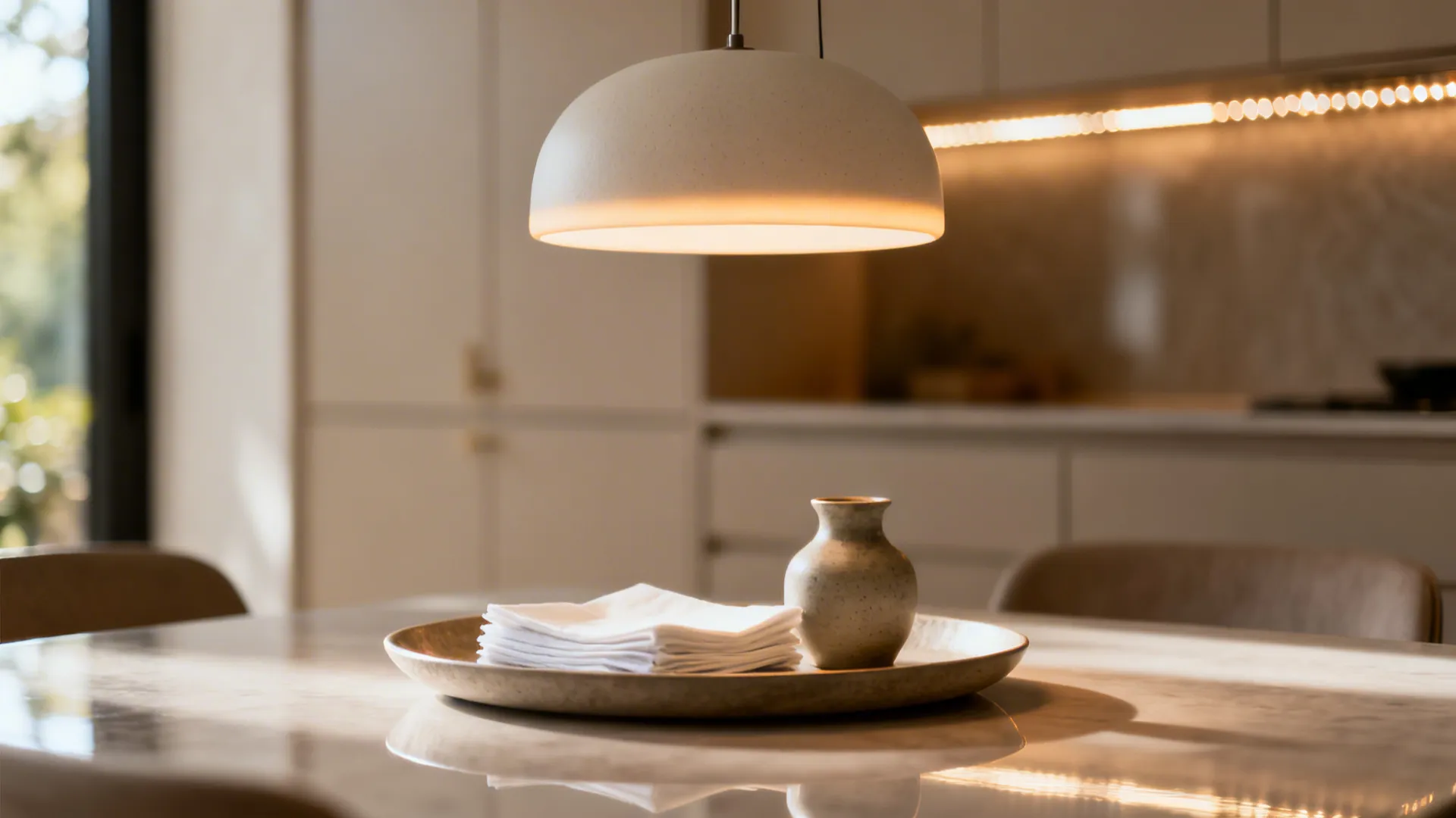 Close-up of a matte diffuser pendant casting soft light over a styled center table.