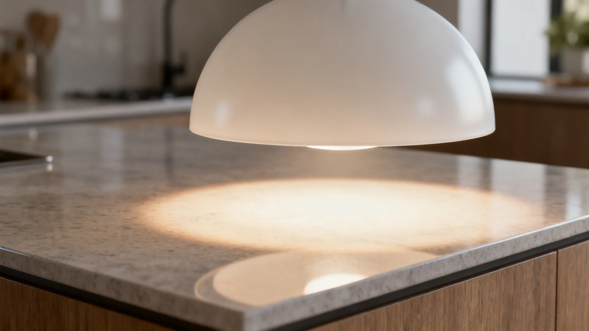 Close-up of a semi-opaque dome pendant casting soft downlight onto a countertop.