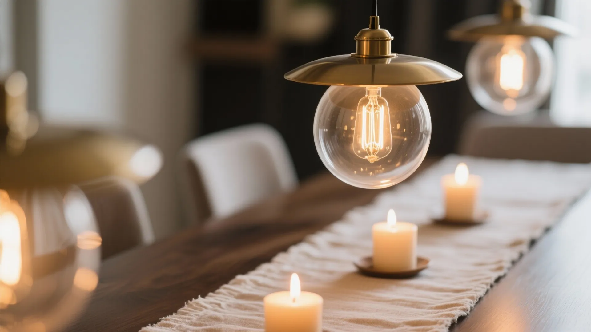 Macro of frosted globe pendant with warm light above a linen runner and candle bokeh.
