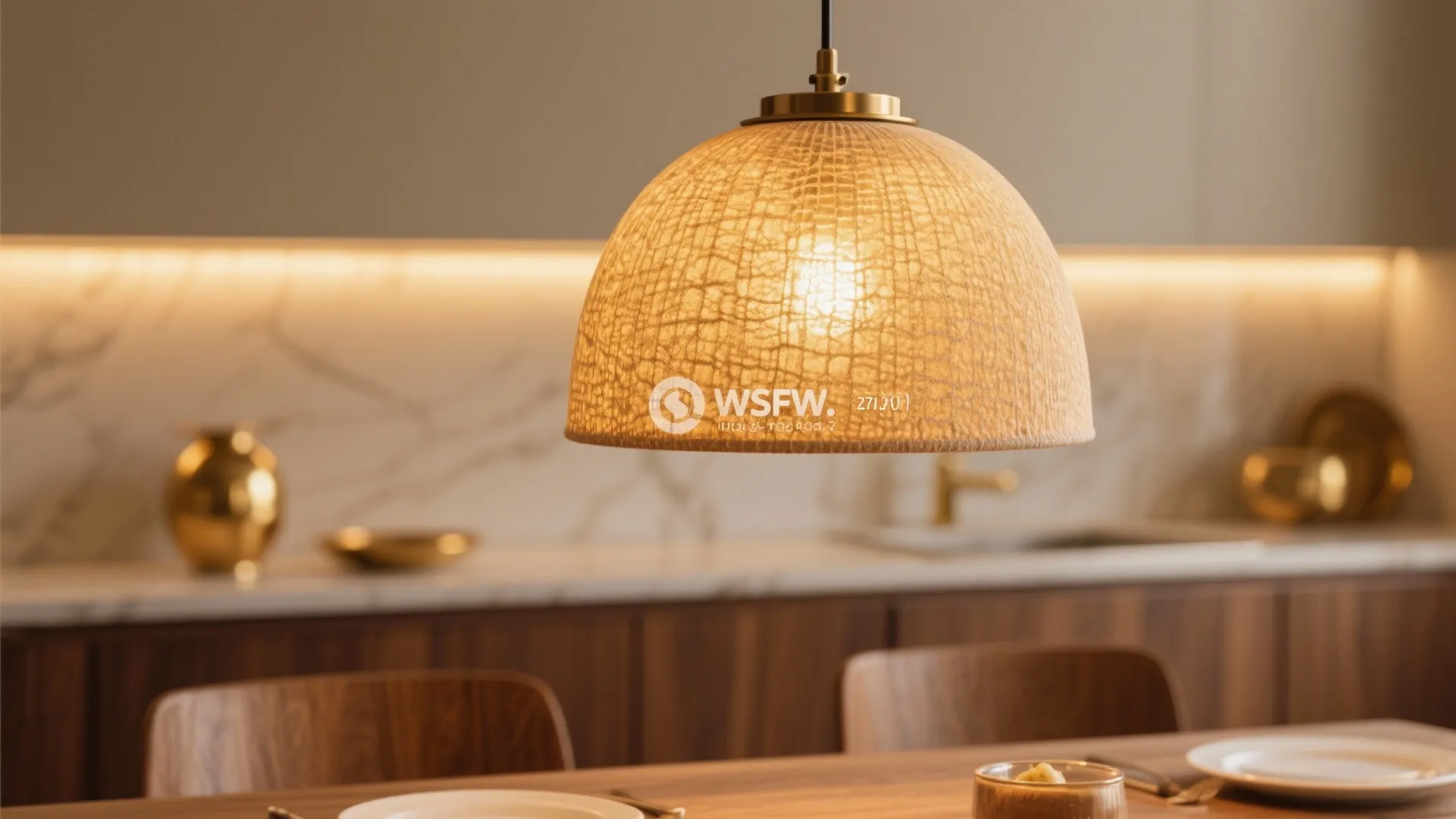 Macro of a warm-glow pendant above a dining table with subtle wall wash in the background.
