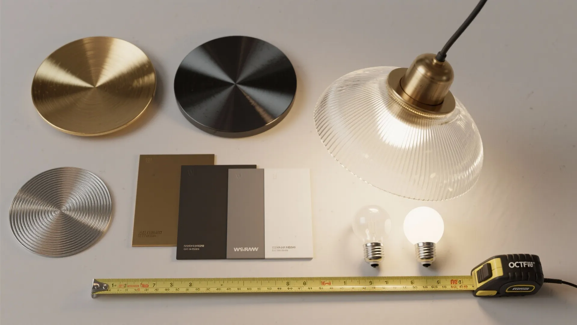 Interior design layout with light fixture parts color samples light bulbs and a measuring tape