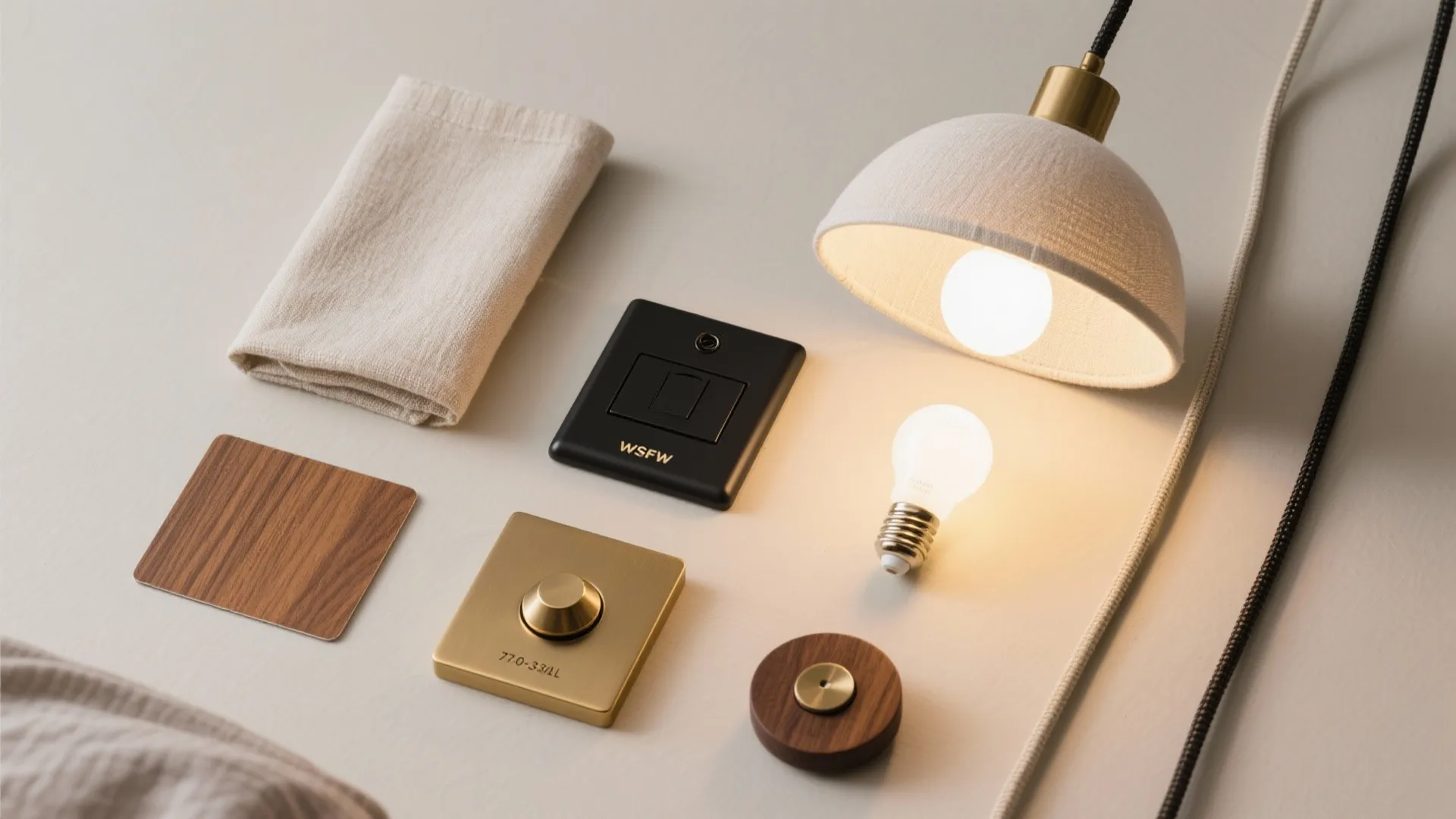 Flatlay of linen shade, matte hardware, warm wood, and LED bulb for wall-mounted pendants.