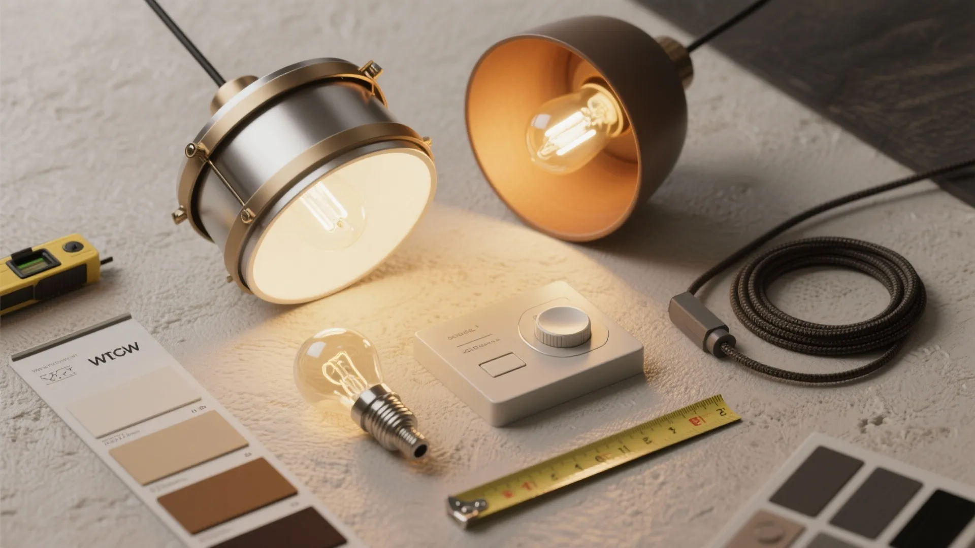 Flat lay of ceiling light parts light bulbs color swatches and measuring tape on white surface
