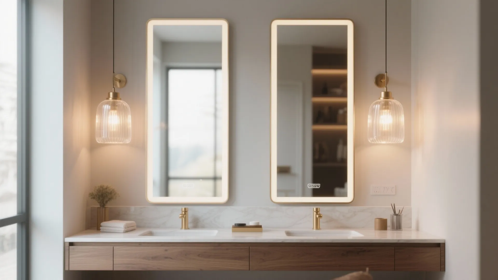 Modern bathroom with two glowing mirrors over a wooden cabinet with white sinks and lights