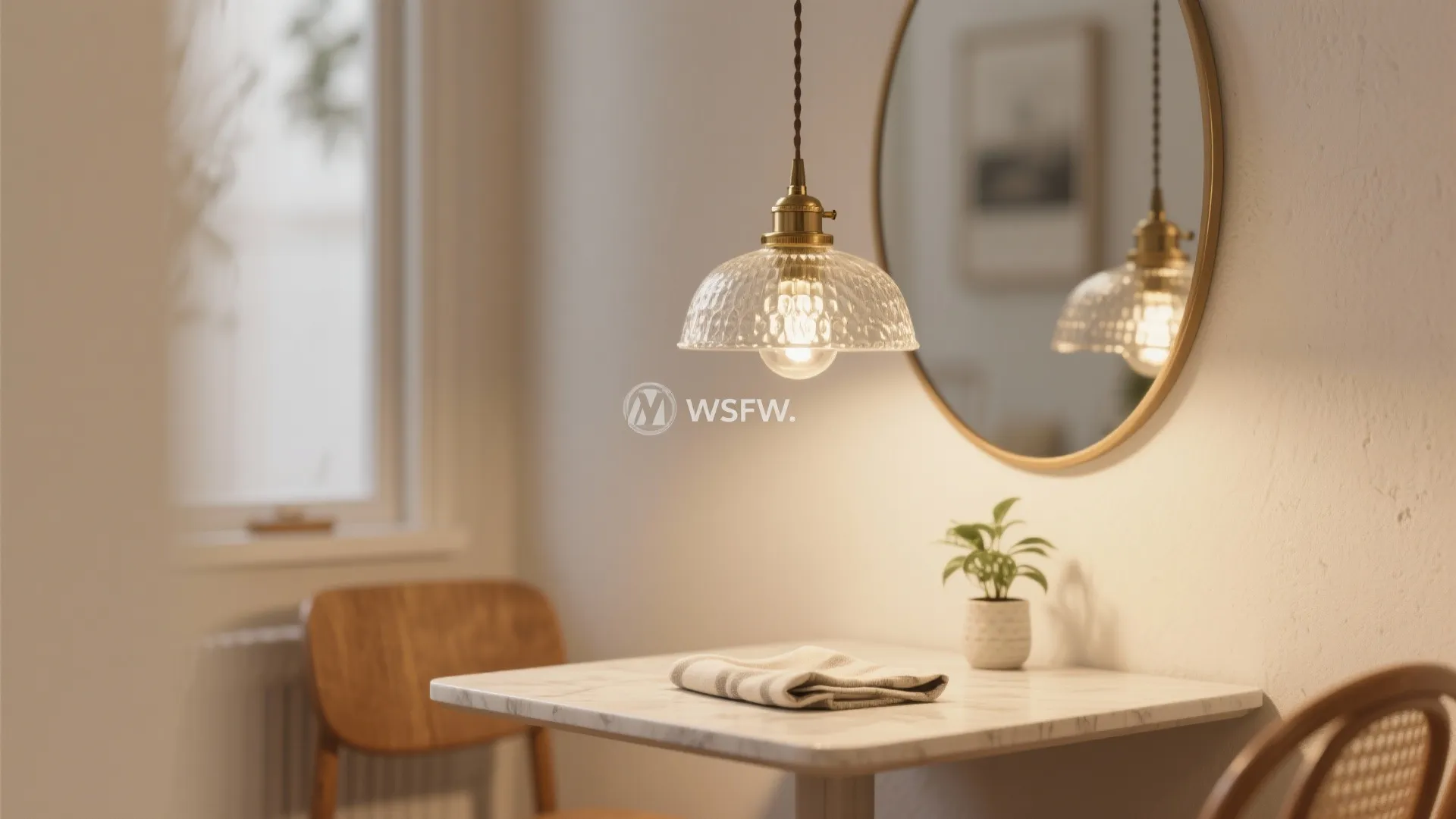 Macro view of a pendant light and mirror reflecting a small dining table to visually amplify space.