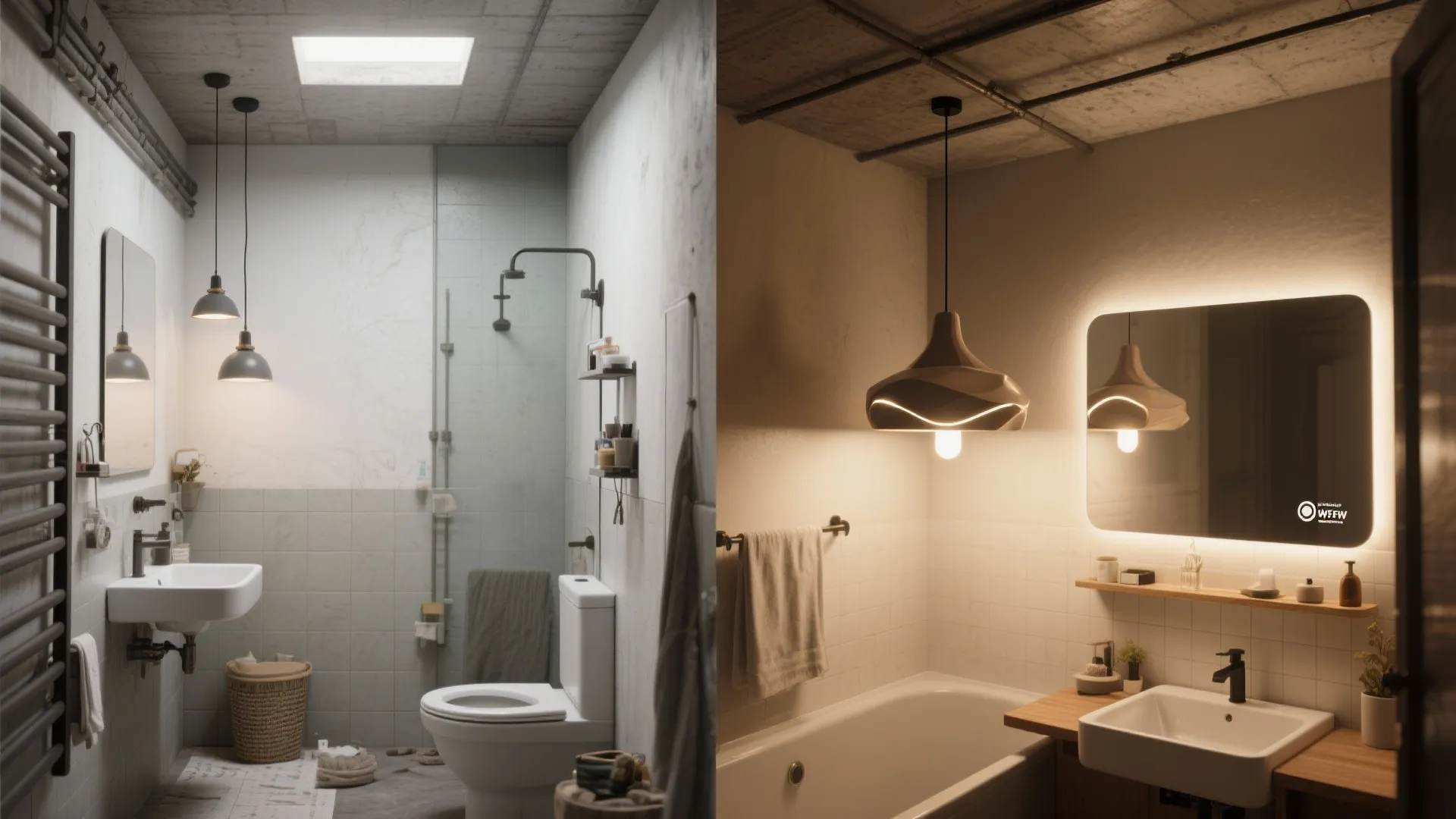 5. Central decorative pendant + integrated mirror lights