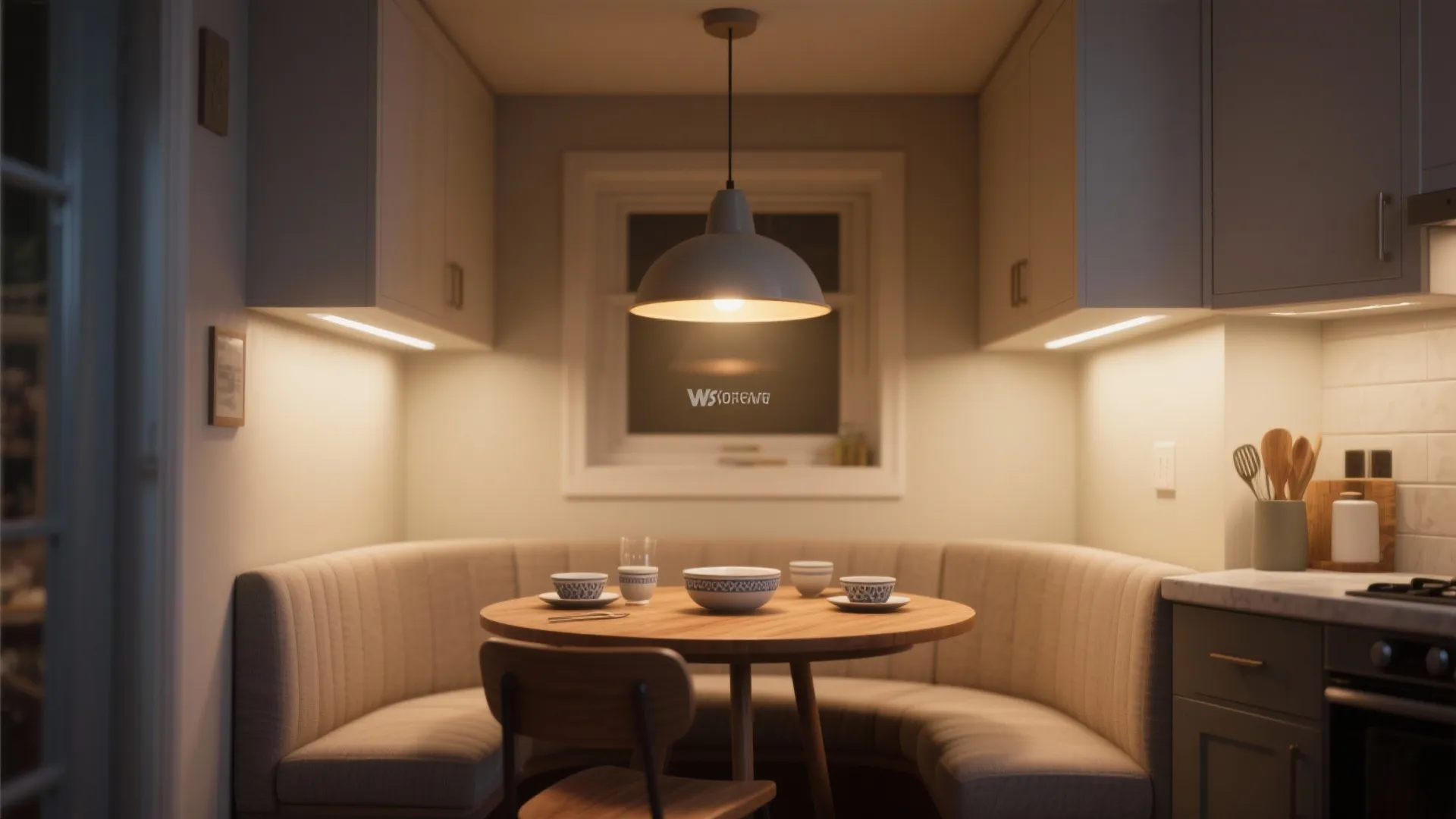 Cozy dining nook with round wooden table curved sofa seating and a grey ceiling light