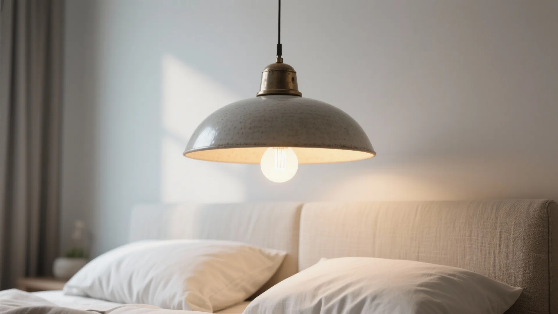 Minimalist bedroom detail showing a statement pendant light hung safely over the bed.
