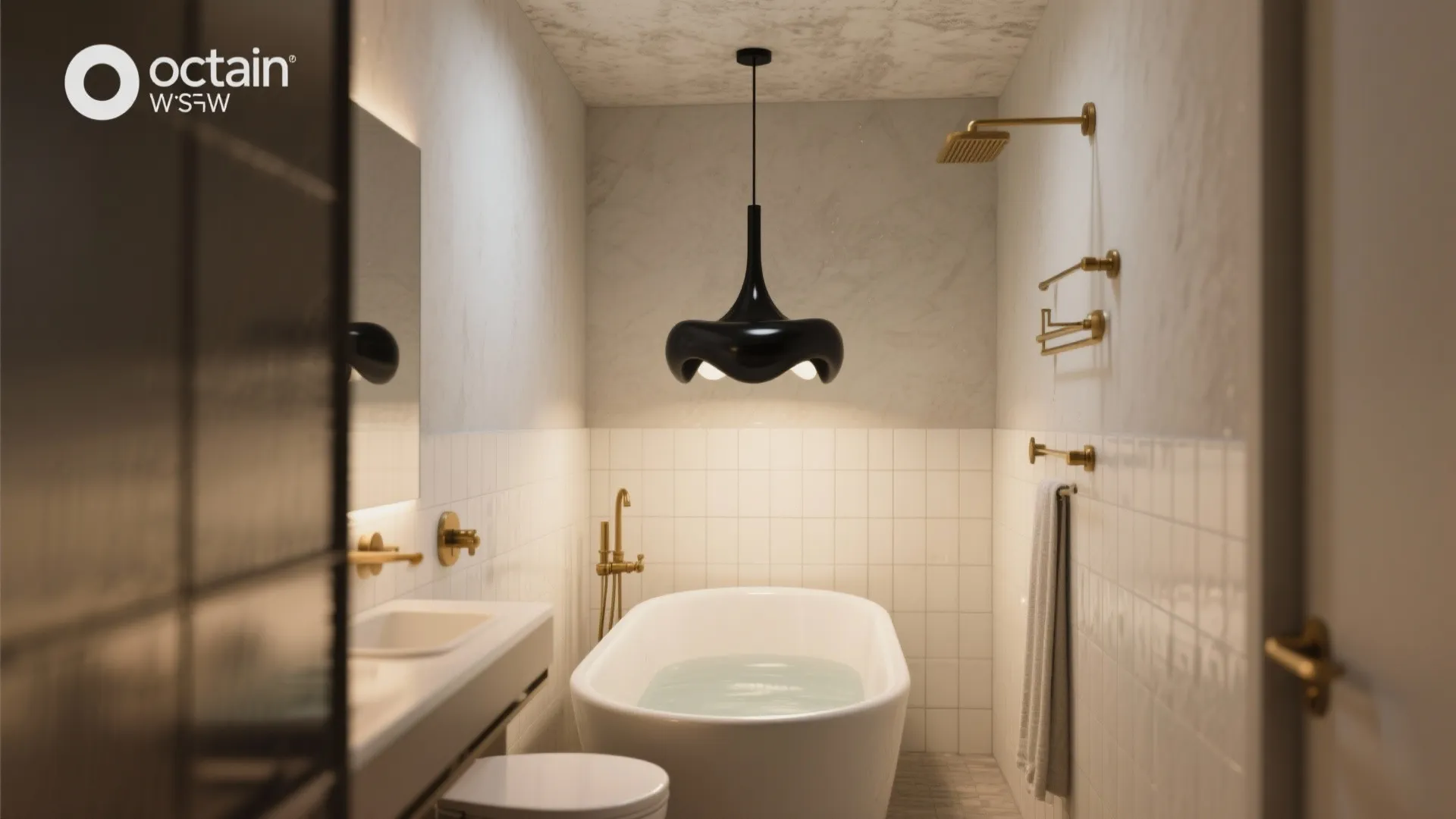 Modern bathroom with white bathtub black ceiling light gold shower head and white wall tiles design