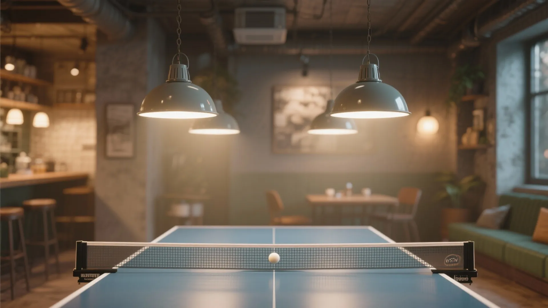 Blue ping pong table with white ball on net below four green hanging ceiling lights