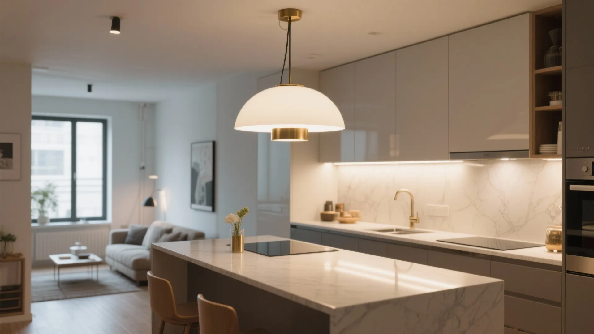 Compact kitchen peninsula with a shallow dome pendant and opal diffuser hung for clear sightlines.