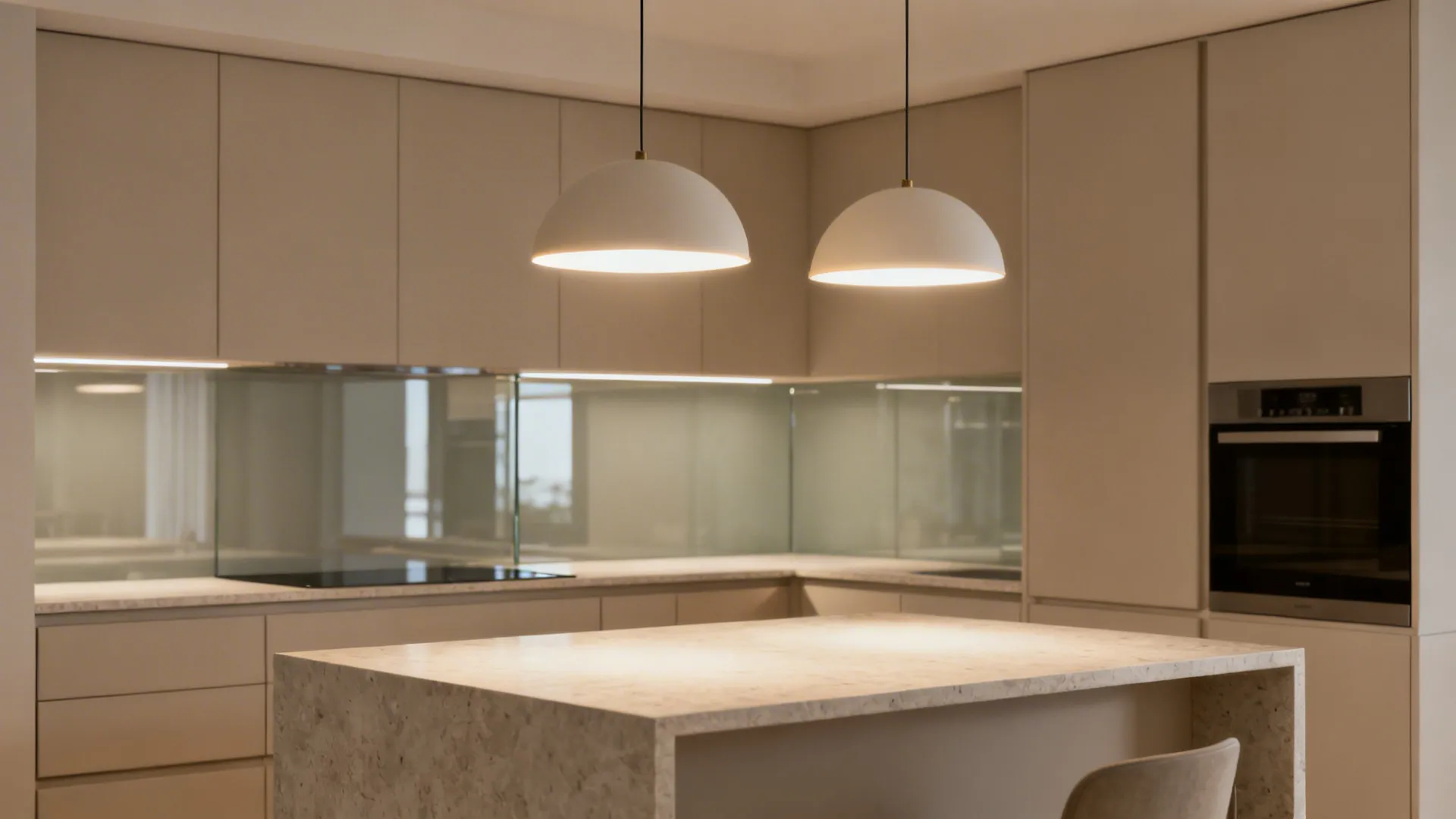 Two small dome pendants over a peninsula provide focused task light without blocking views.