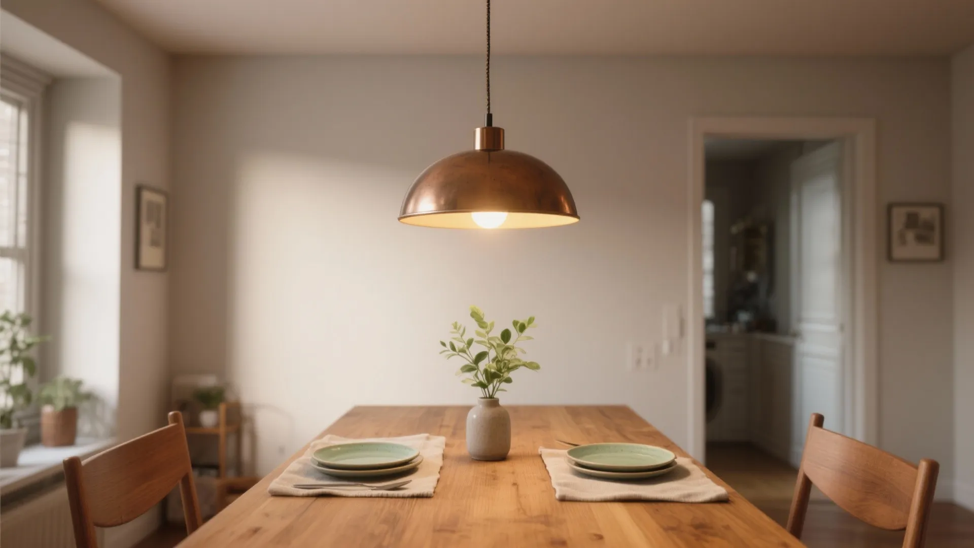 Copper ceiling light hanging over a wooden dining table with green plates and small plant