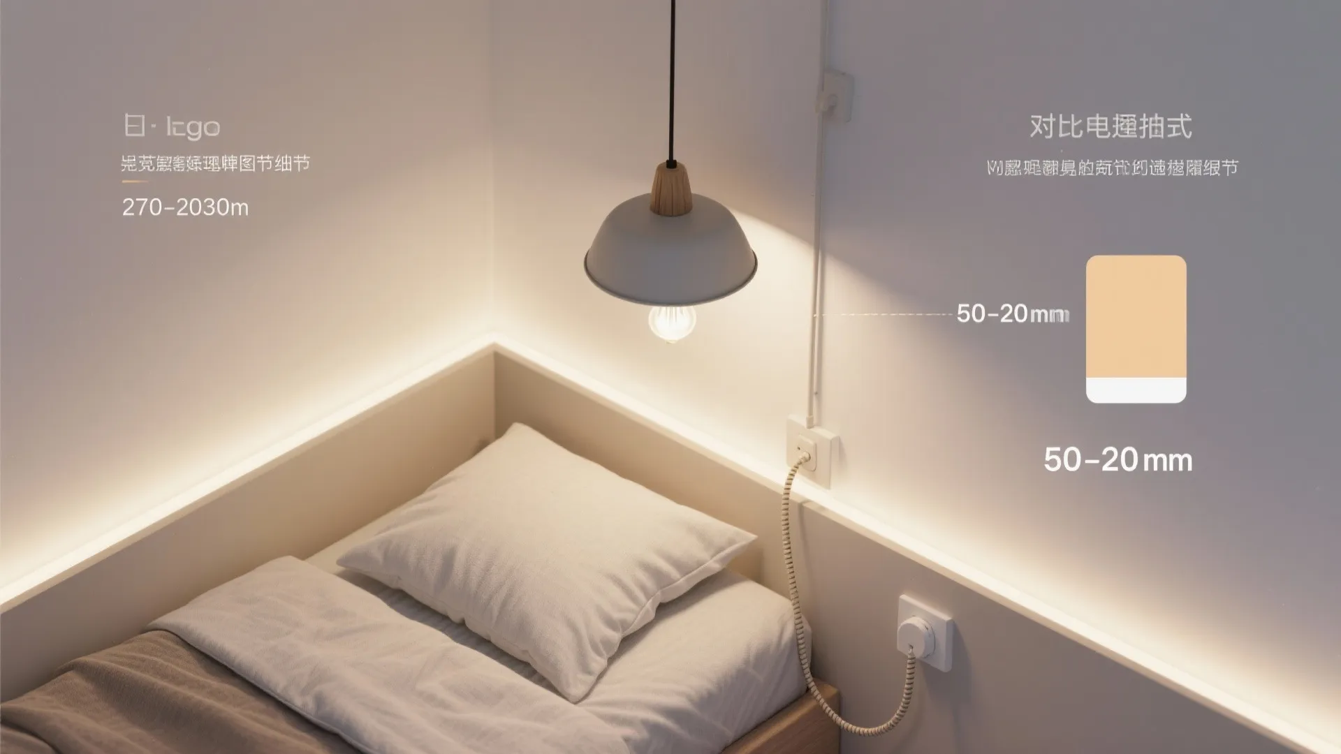 Top-down layout showing pendant height above mattress and neat cord routing.