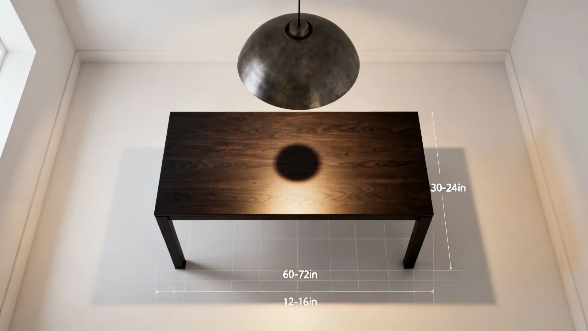 Top down view showing dark wood dining table dimensions and ceiling light placement with measurements