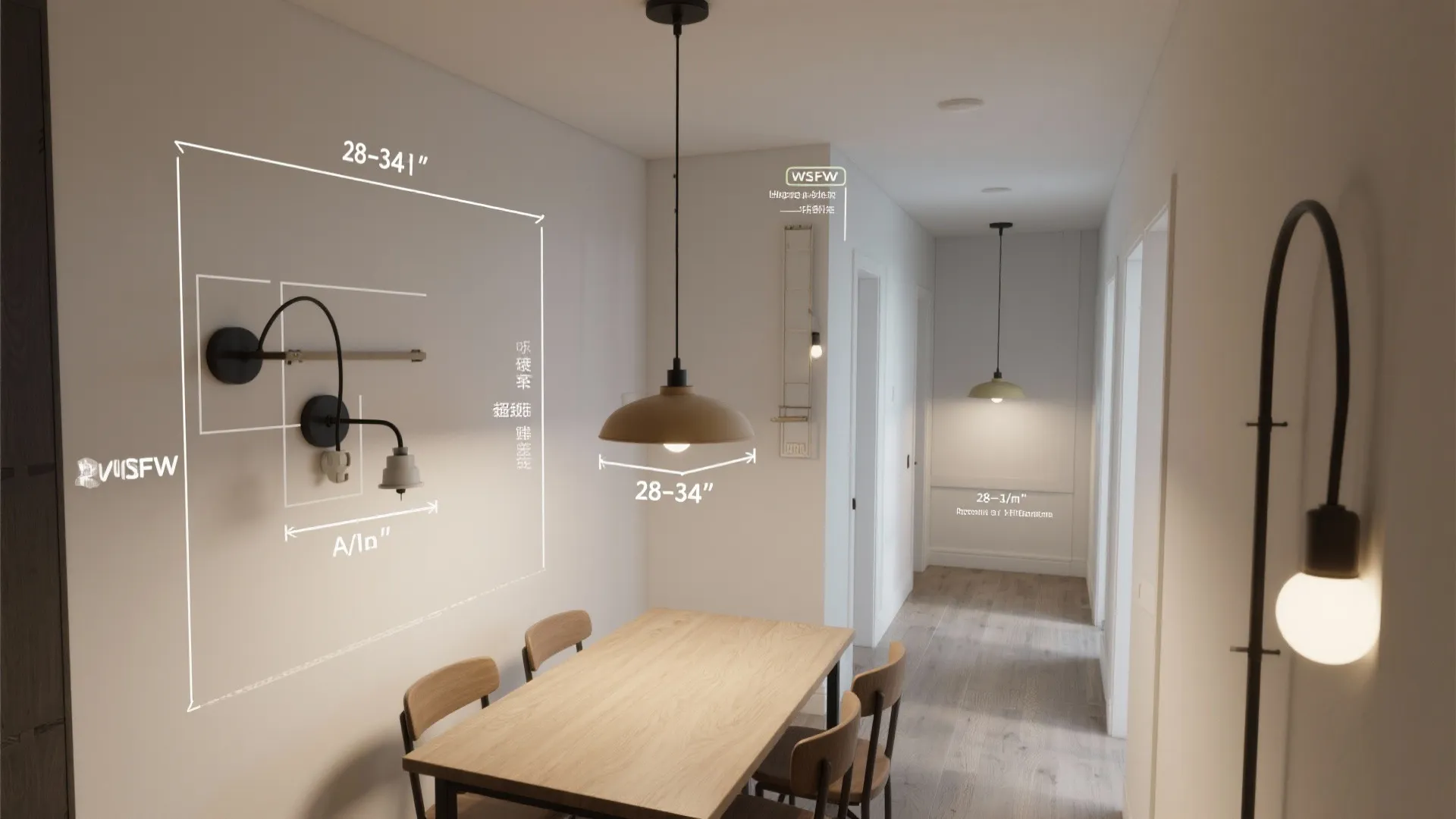 Top-down plan and 3D mockup illustrating pendant heights, sightlines, and hallway proportion guidance.