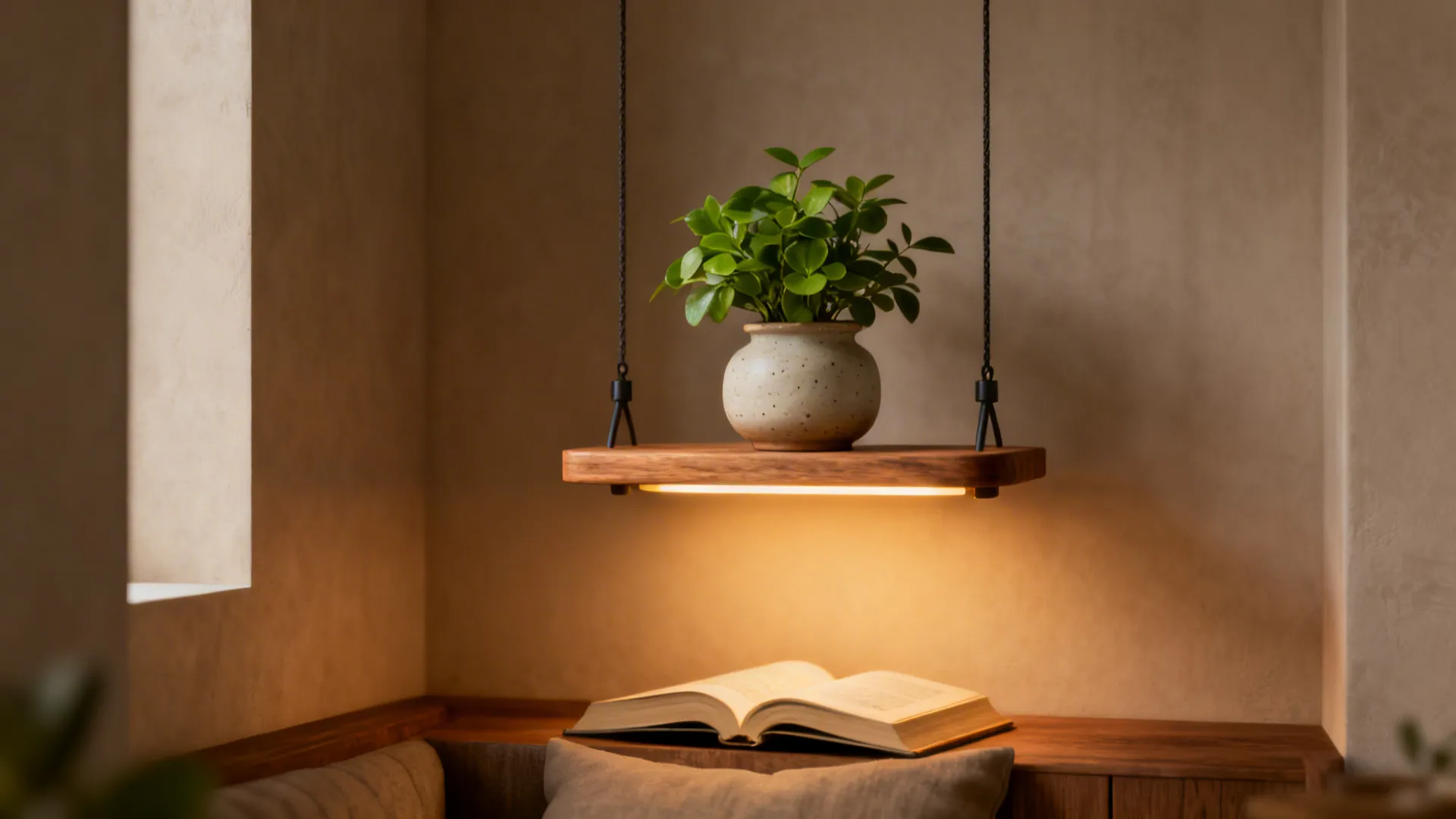 Small green plant on wooden hanging shelf with warm light above an open book nook