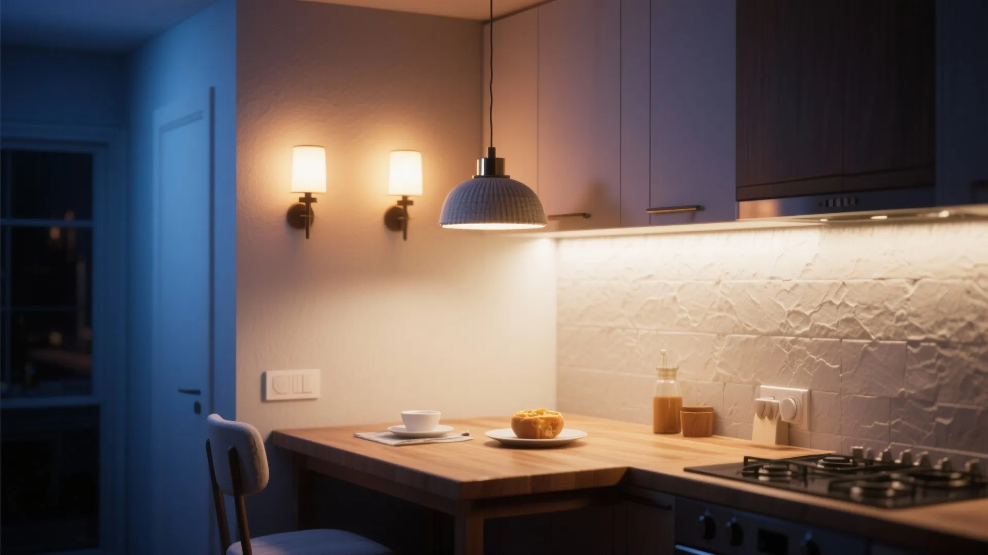 Compact breakfast corner lit by a pendant over the table and wall sconces for layered, cozy lighting.